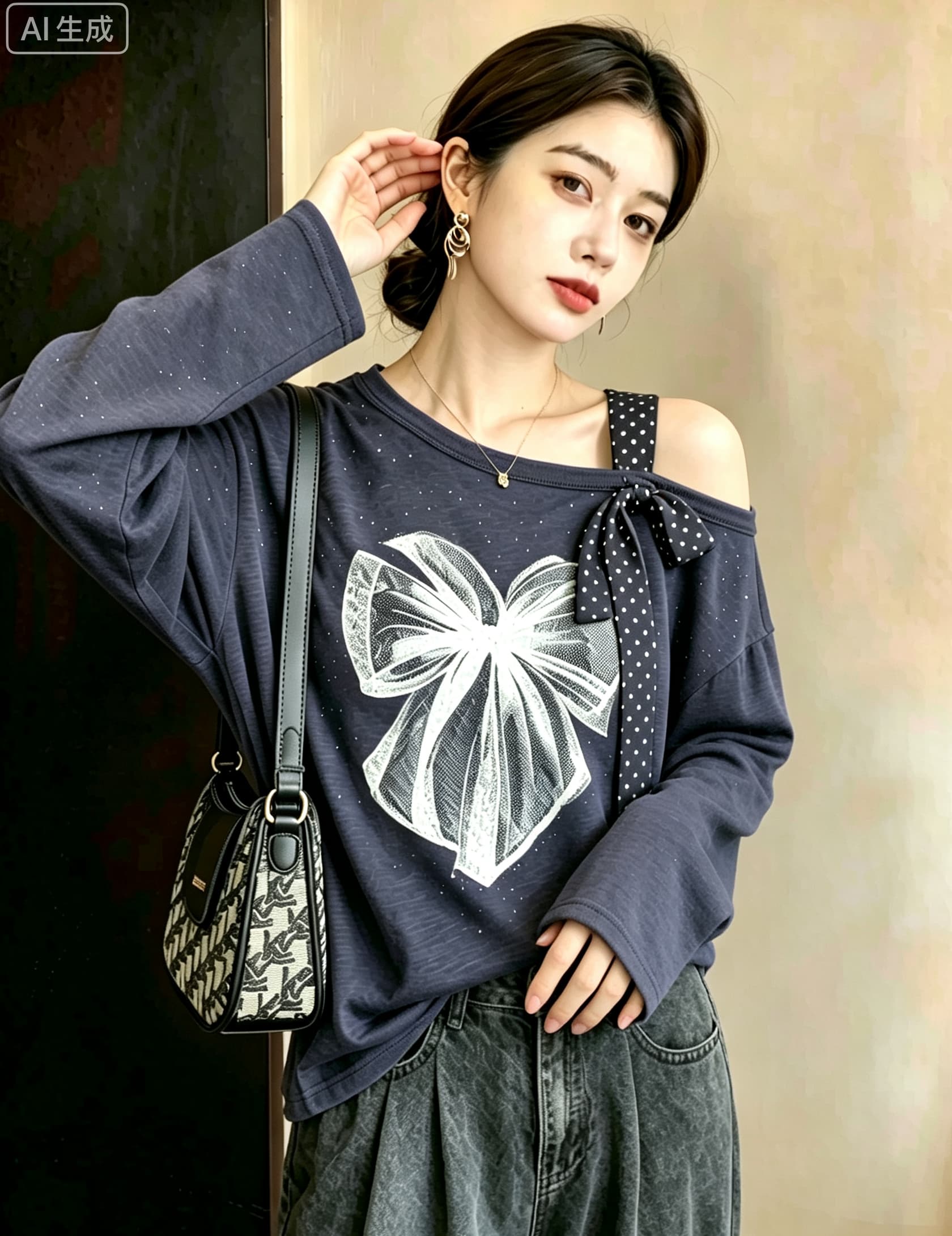 실사 빅 사이즈 여성 의류 나비 프린트 다용도 티셔츠 긴팔 가을 루즈핏 디자인 센스 비스듬한 어깨 리본 맨위 상세 이미지 10