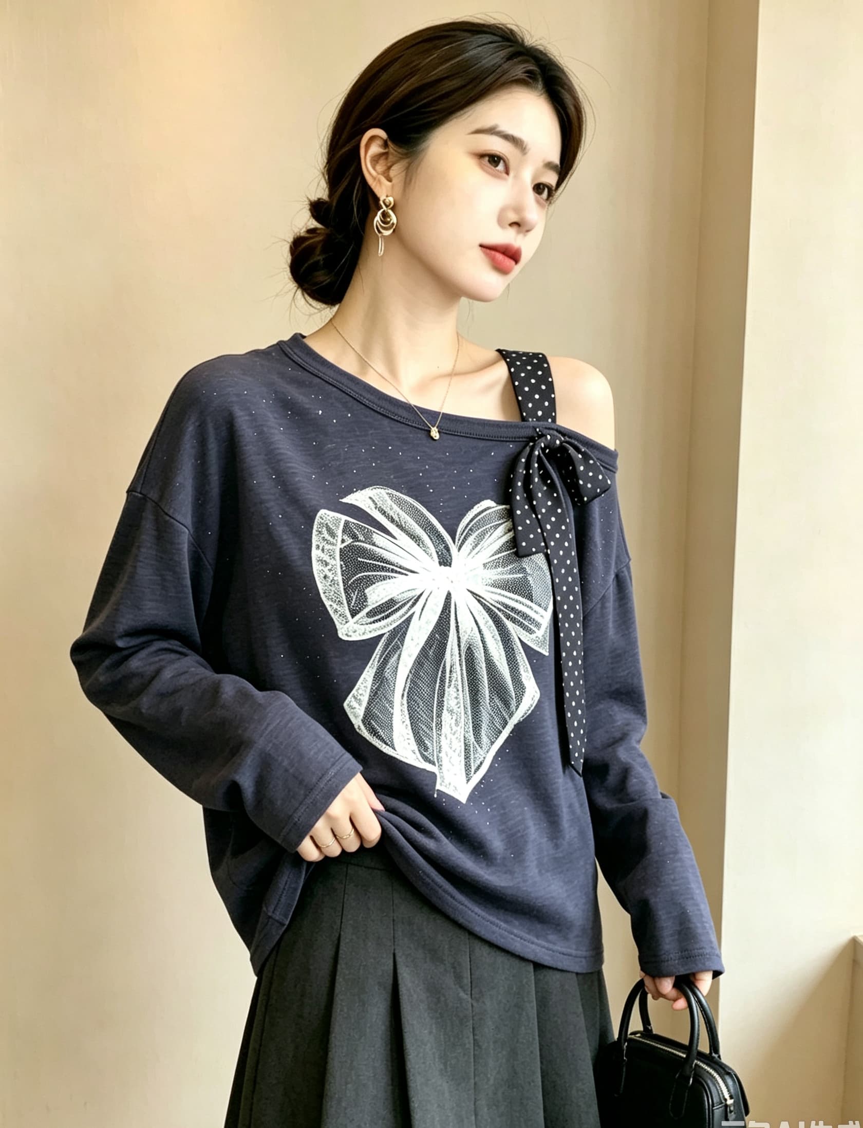 실사 빅 사이즈 여성 의류 나비 프린트 다용도 티셔츠 긴팔 가을 루즈핏 디자인 센스 비스듬한 어깨 리본 맨위 상세 이미지 11