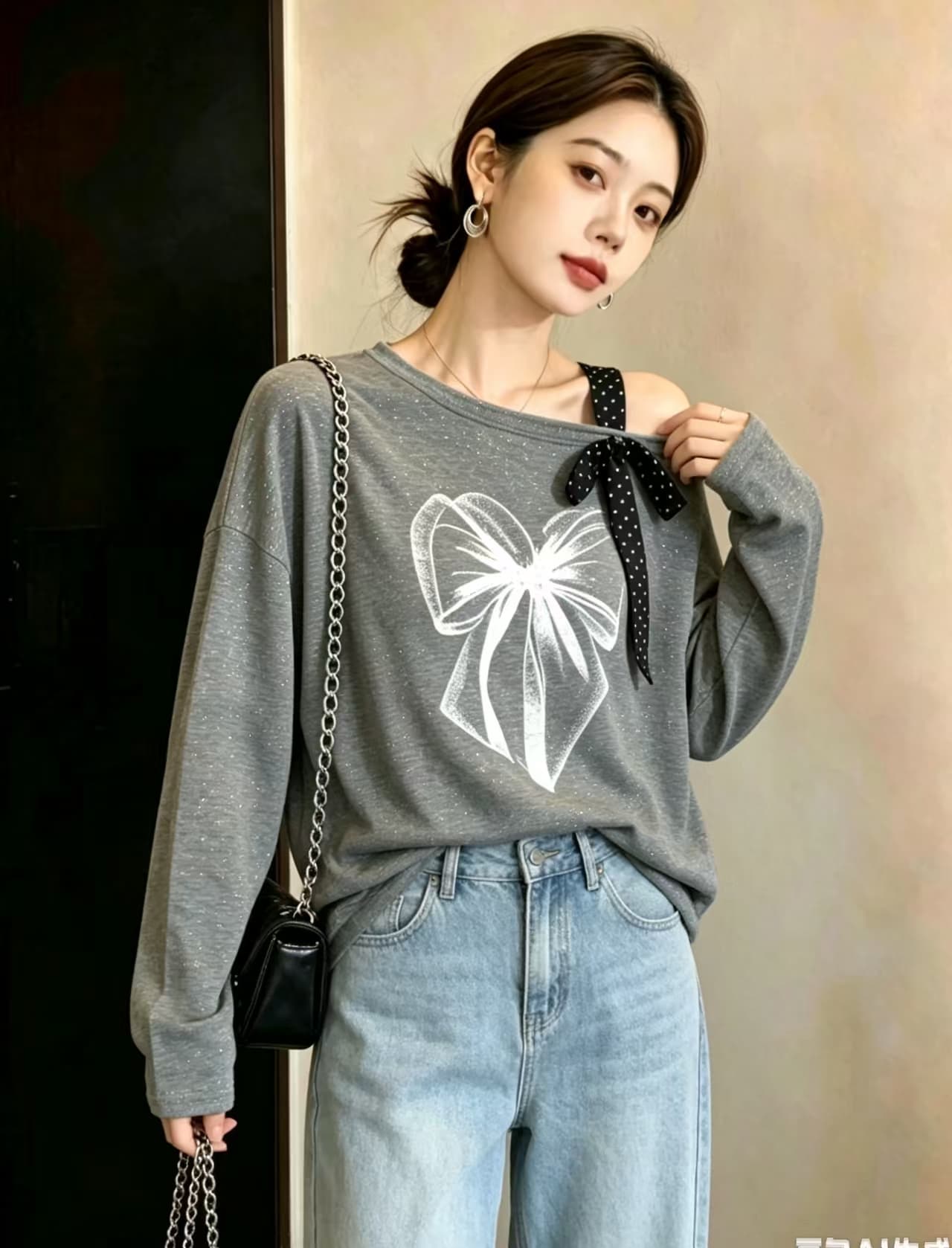 실사 빅 사이즈 여성 의류 나비 프린트 다용도 티셔츠 긴팔 가을 루즈핏 디자인 센스 비스듬한 어깨 리본 맨위 상세 이미지 13