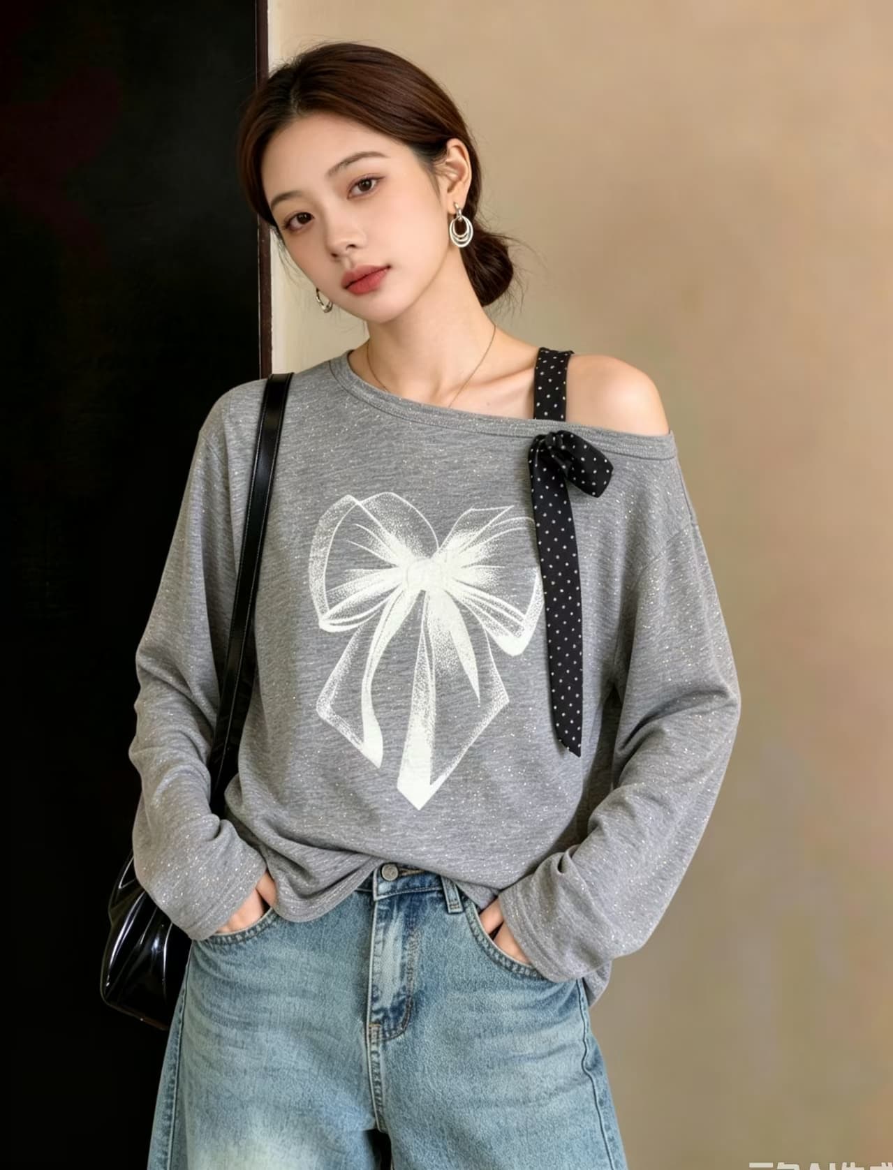 실사 빅 사이즈 여성 의류 나비 프린트 다용도 티셔츠 긴팔 가을 루즈핏 디자인 센스 비스듬한 어깨 리본 맨위 상세 이미지 15