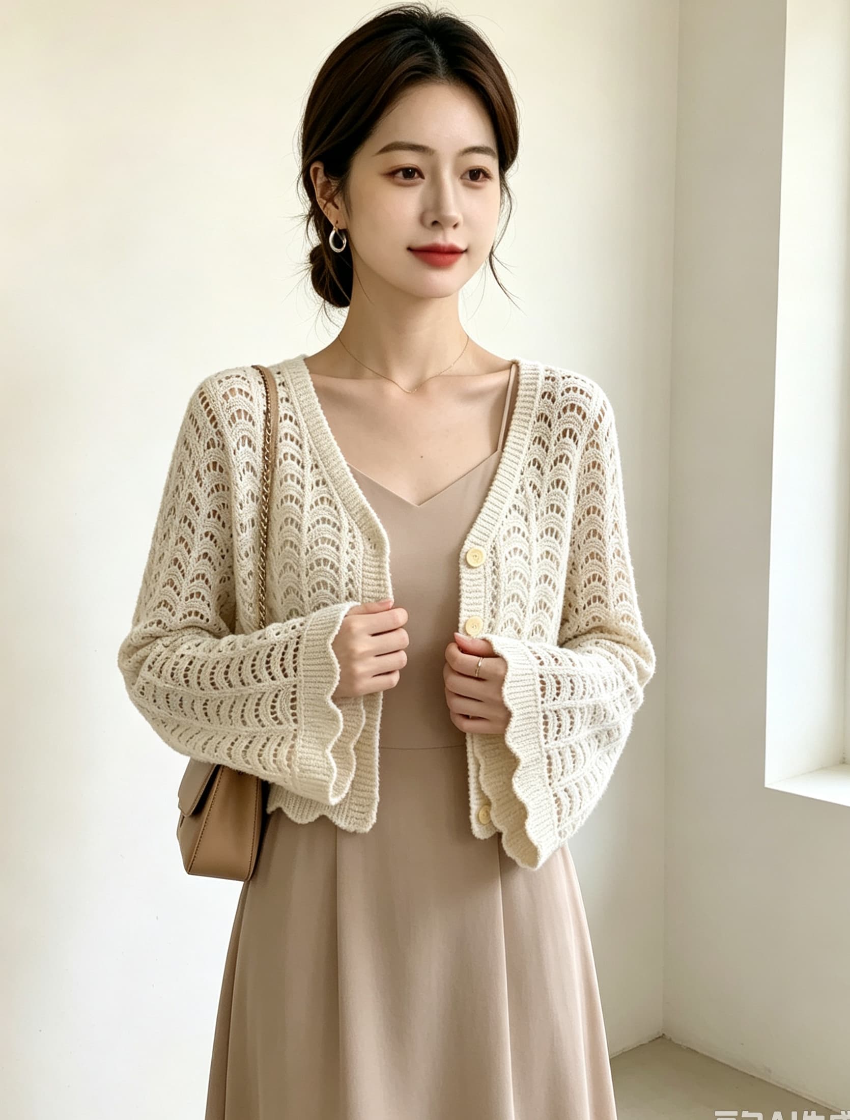실사 빅 사이즈 여성 프랑스식 자수 홀로우 아웃 V넥 미니멀리즘 니트 카디건 코트 지방 mm 다용도 슬립 드레스 외부 가져 가라. 이미지 5