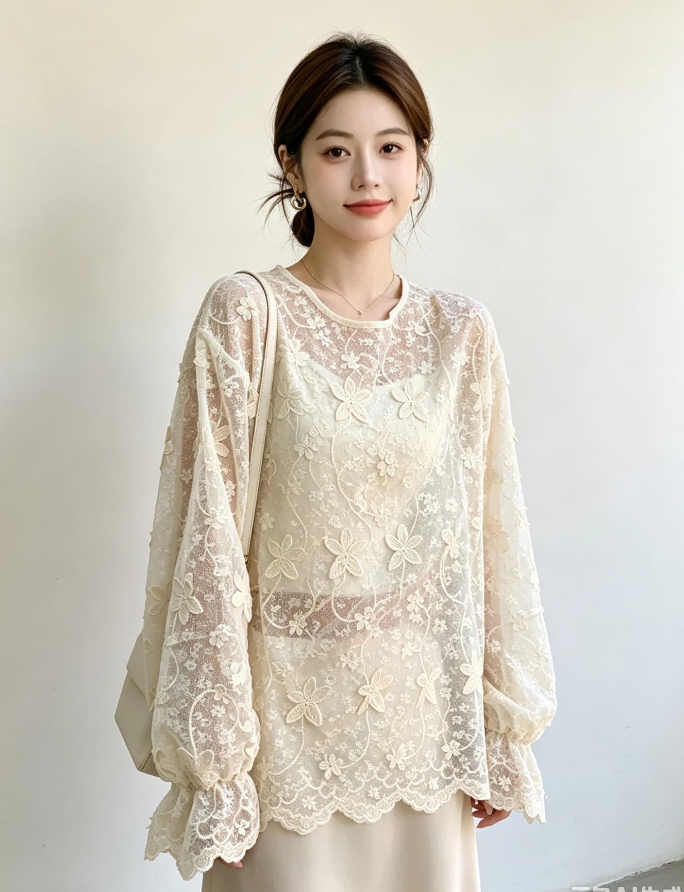 실사 빅 사이즈 가을 새로운 라운드 넥 3 차원 자수 홀로우 아웃 루즈핏 레이스 셔츠 고급 인사이드 가져 가라. 기본 셔츠 맨위 이미지 5