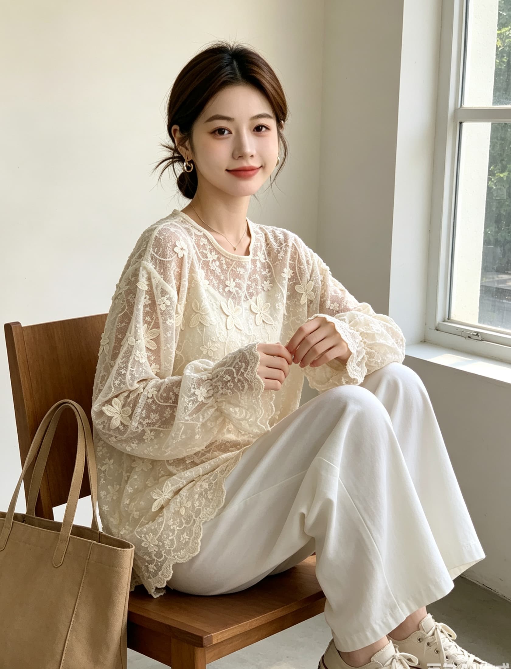 실사 빅 사이즈 가을 새로운 라운드 넥 3 차원 자수 홀로우 아웃 루즈핏 레이스 셔츠 고급 인사이드 가져 가라. 기본 셔츠 맨위 상세 이미지 7