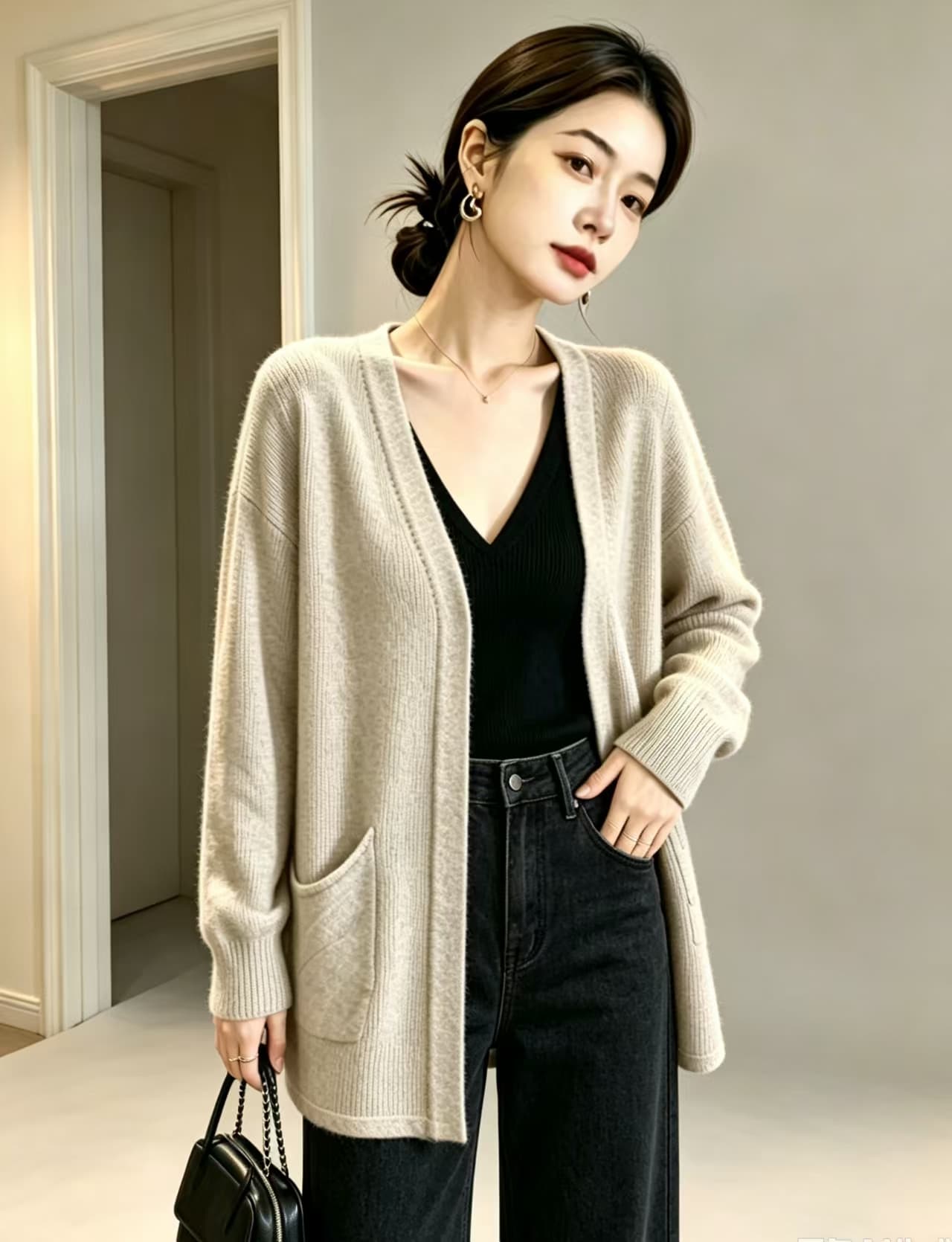 실사 빅 사이즈 여성 의류 새로운 루즈핏 단색 스웨터 코트 미니멀리즘 다용도 여성 외부 가져 가라. 숄 니트 재킷 상세 이미지 3