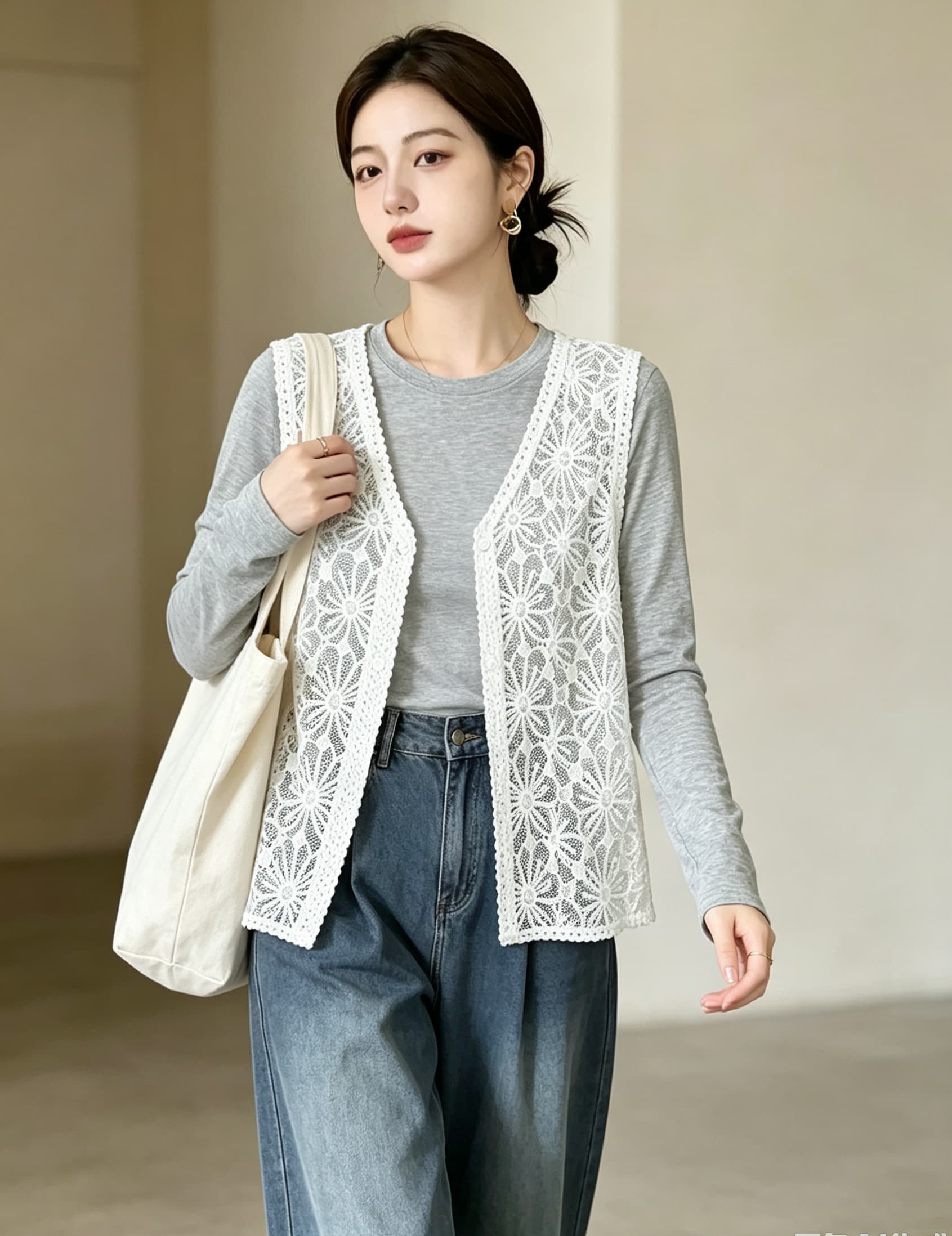 실사 빅 사이즈 여성 의류 가을 새로운 홀로우 아웃 민소매 조끼 루즈핏 캐주얼 다용도 민소매 베스트 상세 이미지 9