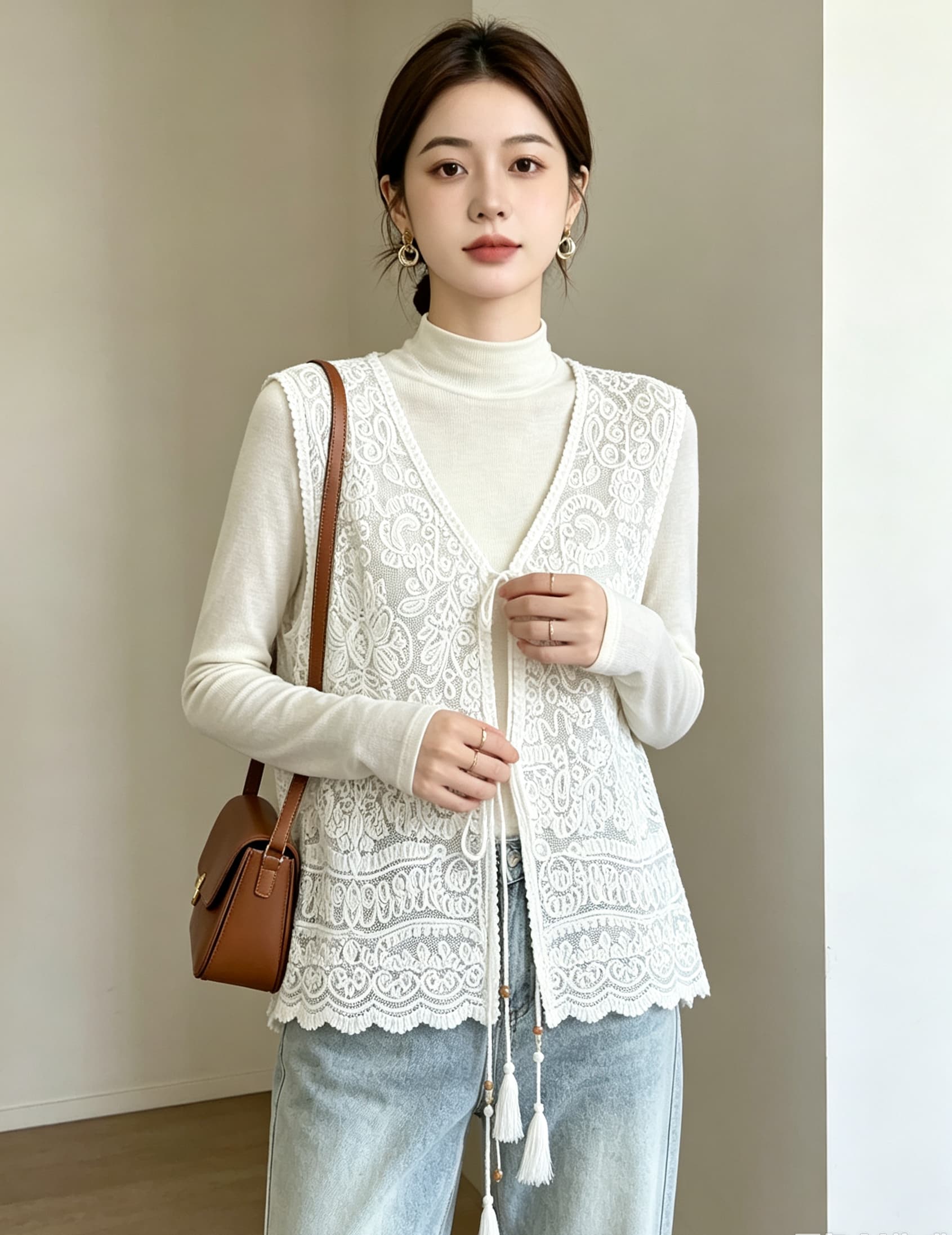 실사 빅 사이즈 가을 새로운 루즈핏 슬림해 보이는 프랑스식 고급 센스 단색 베스트 오픈 가디건 조끼 민소매 맨위 상세 이미지 5