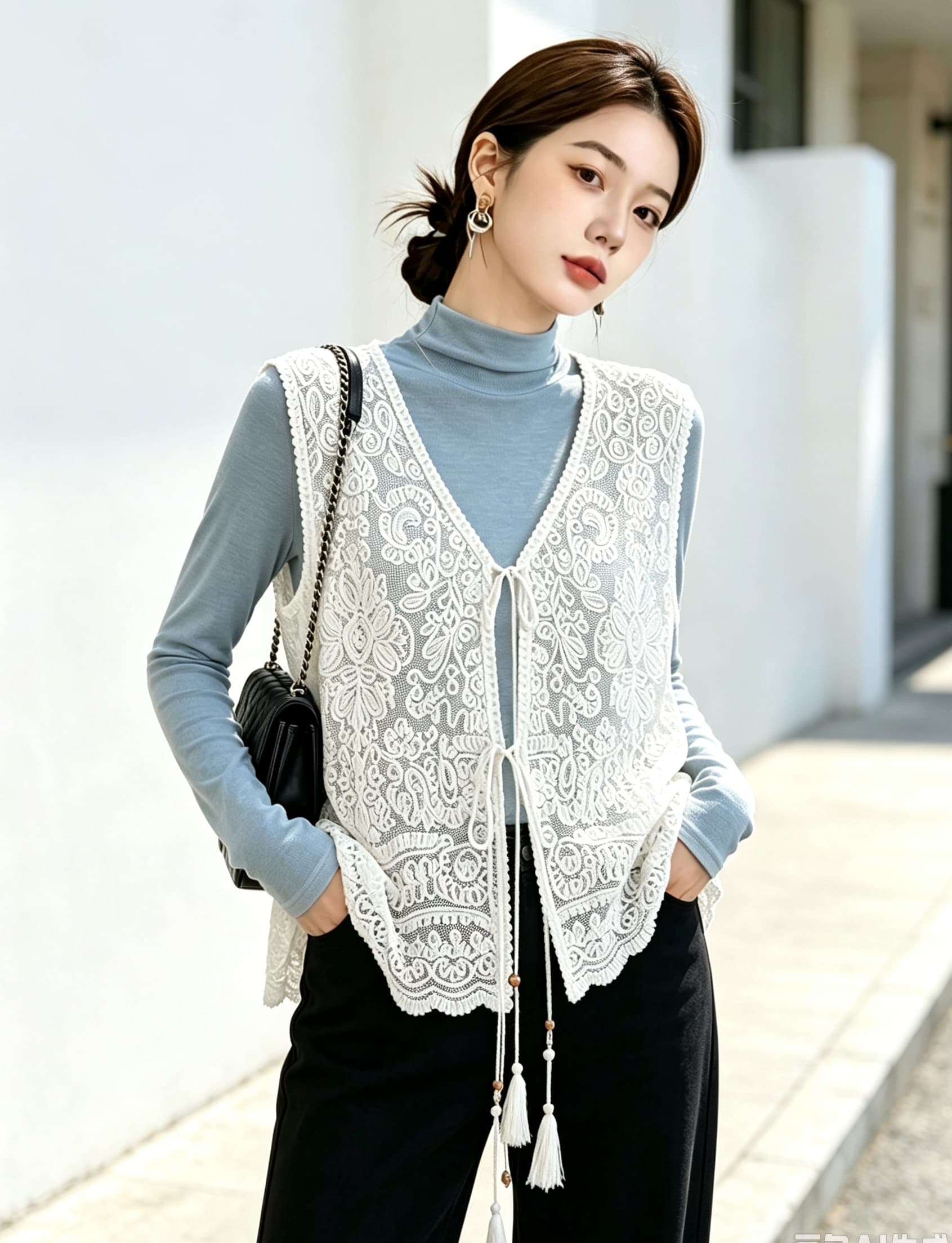 실사 빅 사이즈 가을 새로운 루즈핏 슬림해 보이는 프랑스식 고급 센스 단색 베스트 오픈 가디건 조끼 민소매 맨위 상세 이미지 14