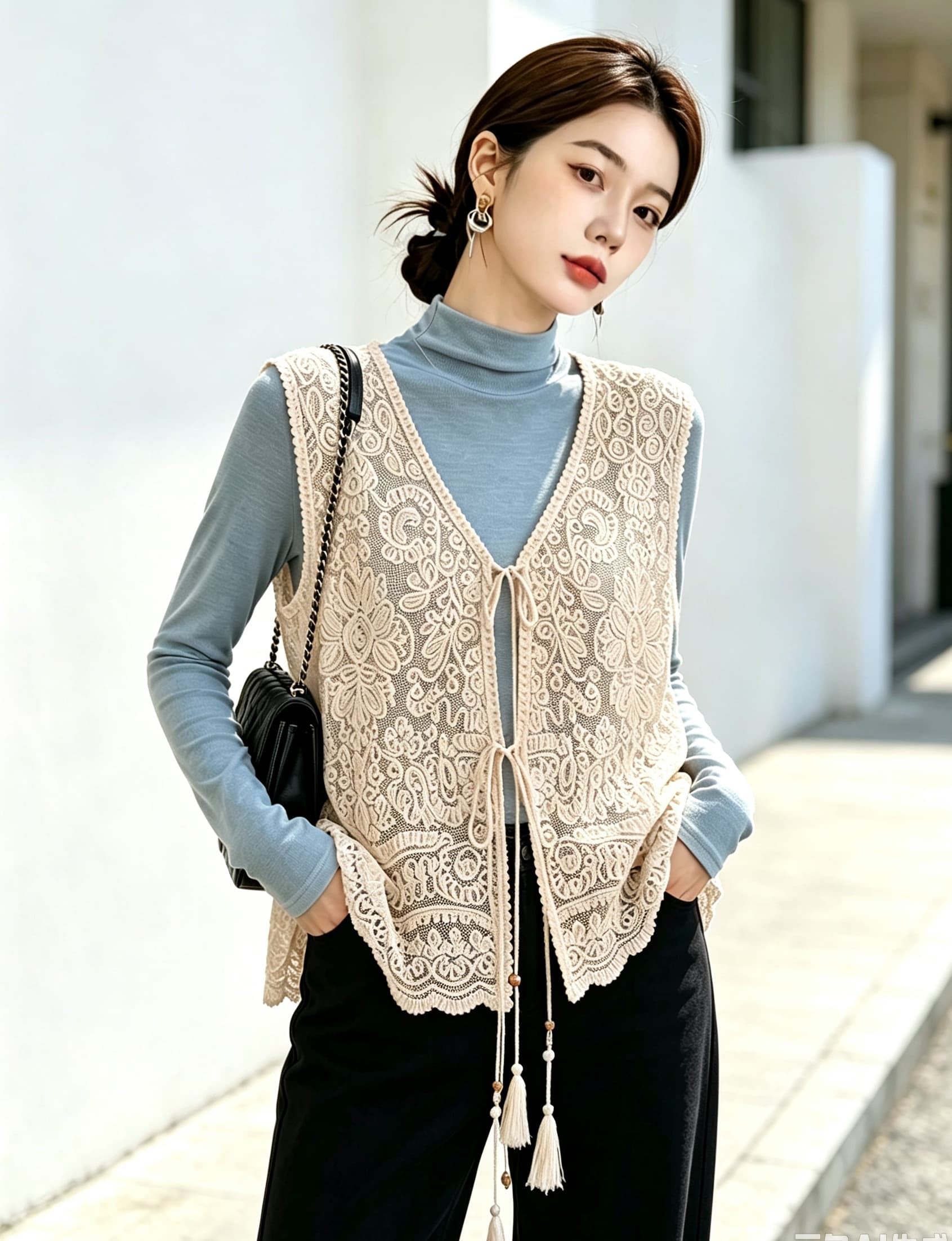 실사 빅 사이즈 가을 새로운 루즈핏 슬림해 보이는 프랑스식 고급 센스 단색 베스트 오픈 가디건 조끼 민소매 맨위 상세 이미지 25