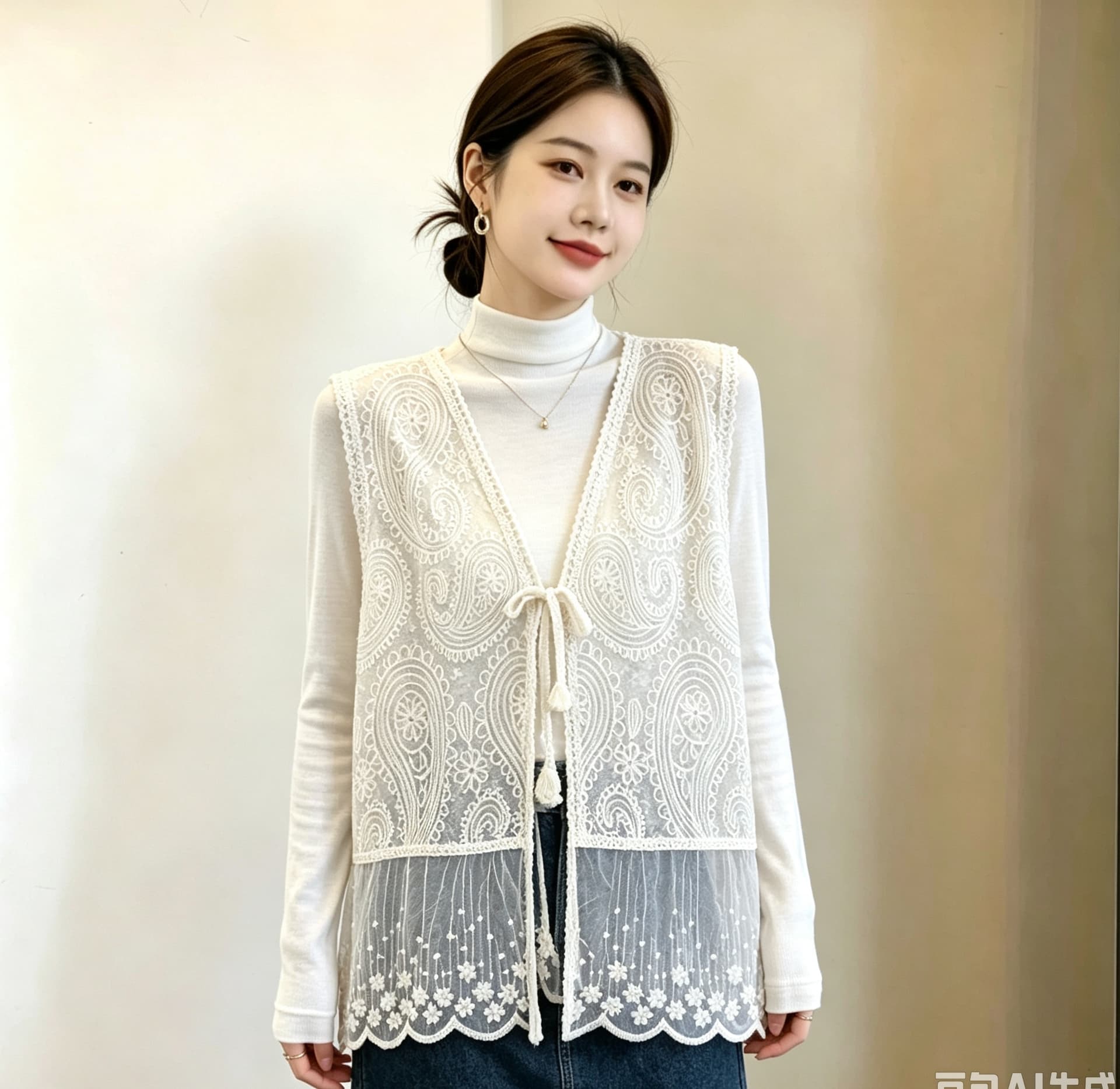 실사 빅 사이즈 여성 의류 한국 스타일 디자인 센스 프랑스식 레이스 자카드 보헤미안 다용도 오픈 가디건 베스트 맨위 이미지 3