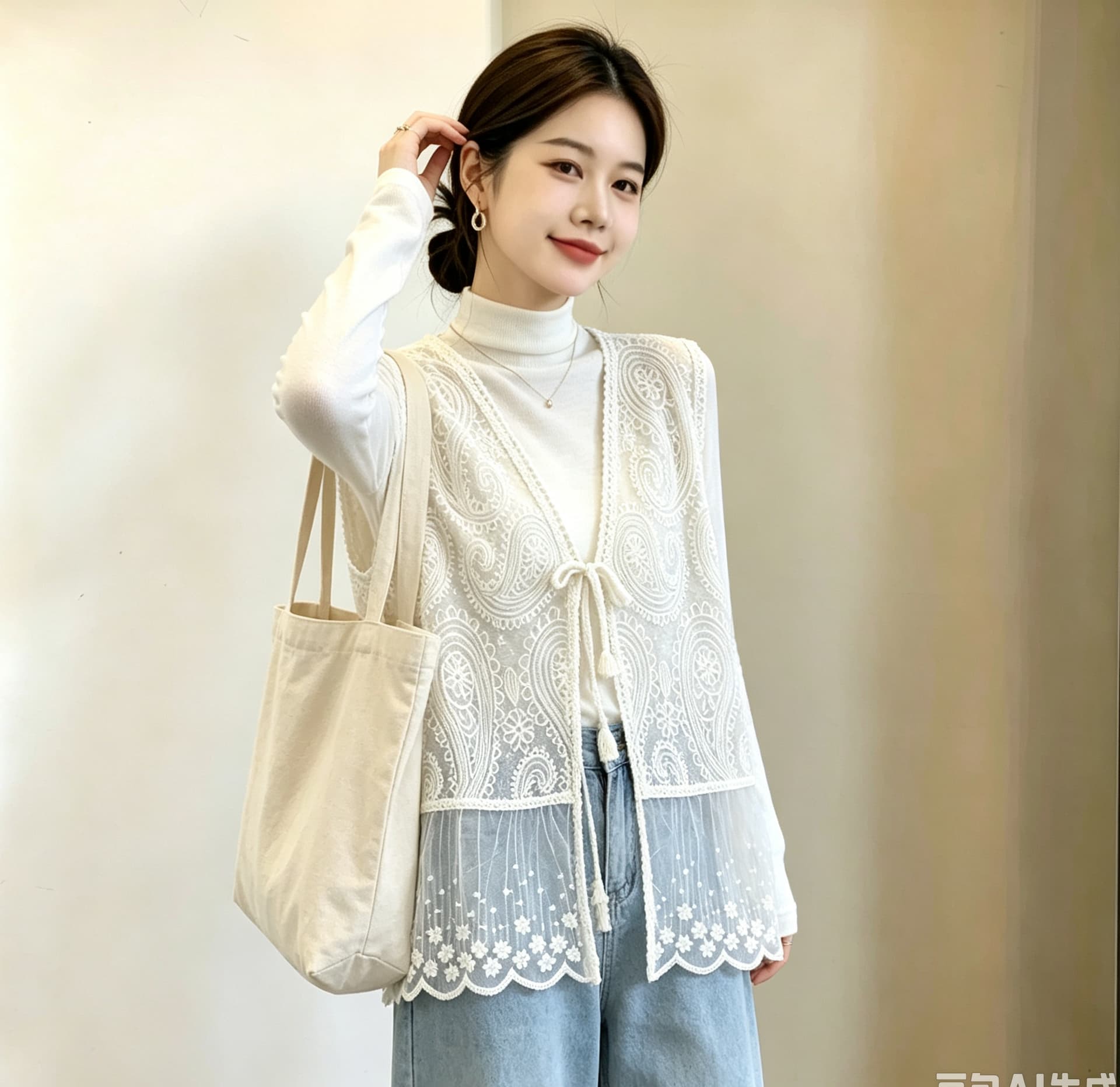 실사 빅 사이즈 여성 의류 한국 스타일 디자인 센스 프랑스식 레이스 자카드 보헤미안 다용도 오픈 가디건 베스트 맨위 상세 이미지 14