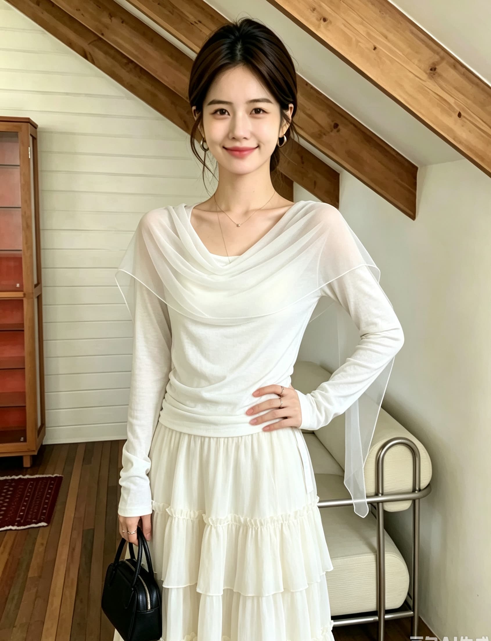 실사 빅 사이즈 프랑스식 오프숄더 흔들다 칼라 긴팔 니트 기본 셔츠 고급 센스 품격 Tulle 패치워크 맨위 이미지 2