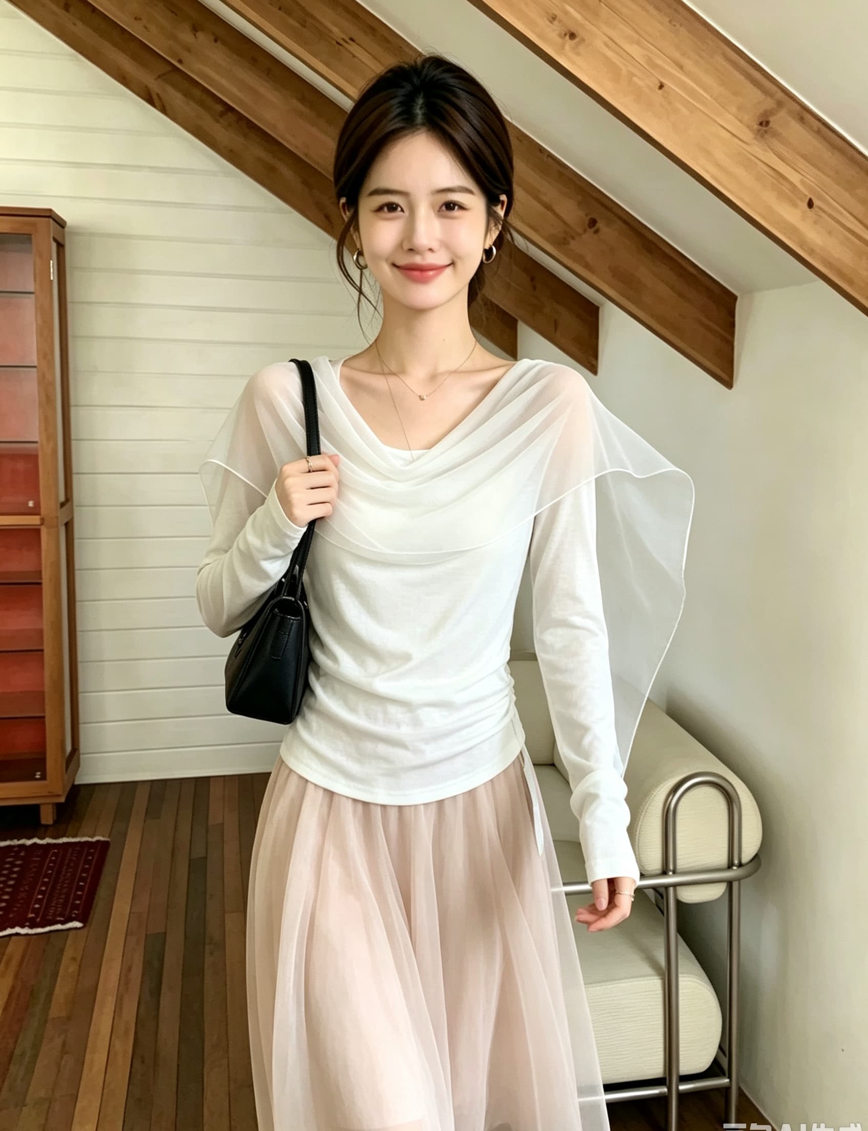 실사 빅 사이즈 프랑스식 오프숄더 흔들다 칼라 긴팔 니트 기본 셔츠 고급 센스 품격 Tulle 패치워크 맨위 상세 이미지 9