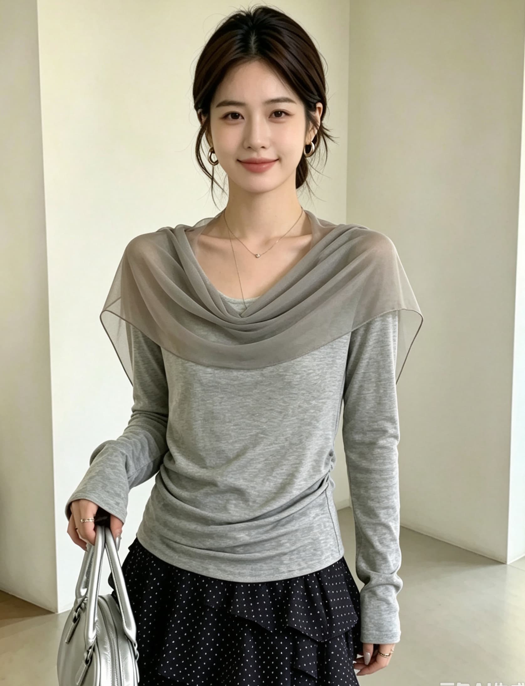 실사 빅 사이즈 프랑스식 오프숄더 흔들다 칼라 긴팔 니트 기본 셔츠 고급 센스 품격 Tulle 패치워크 맨위 상세 이미지 20