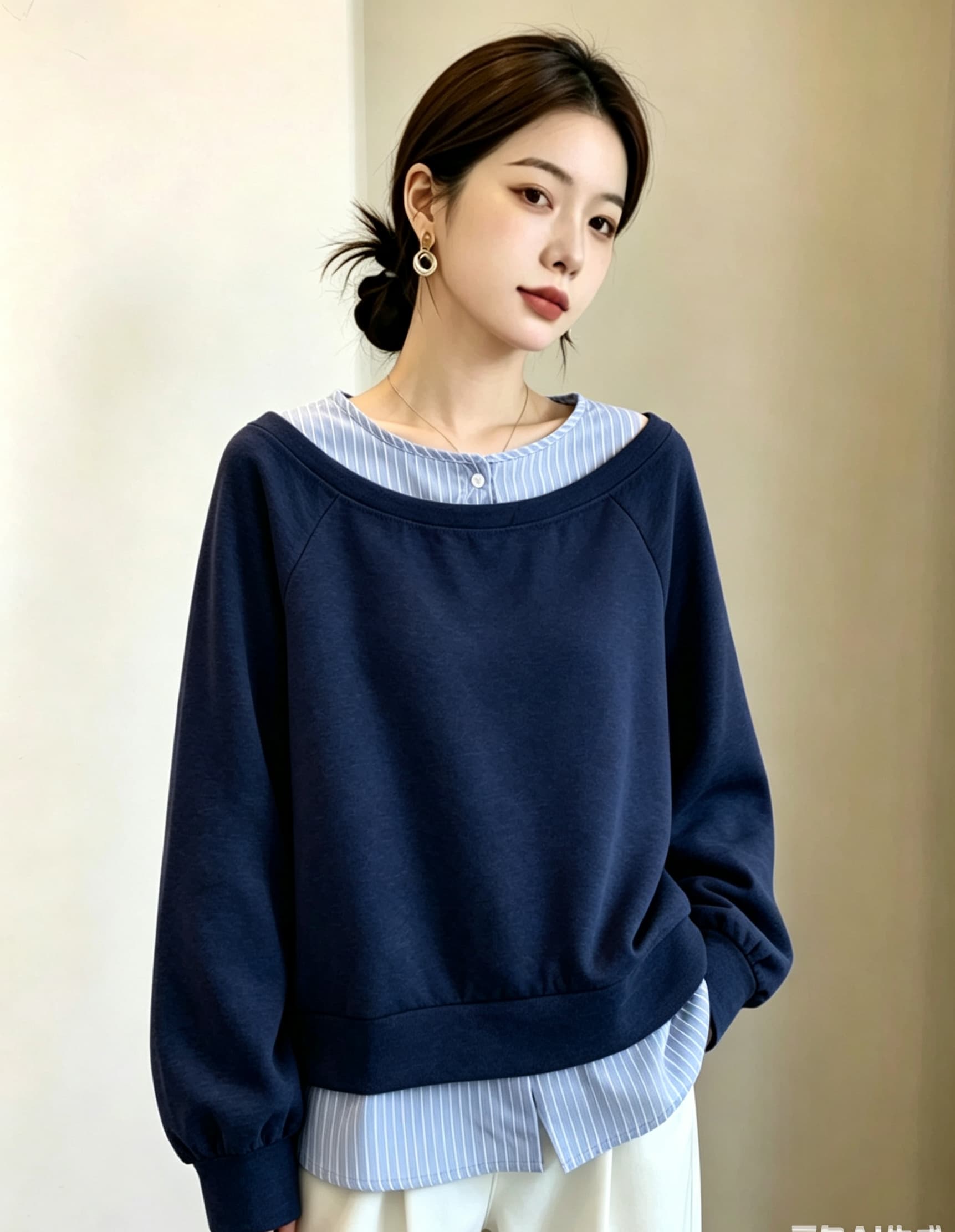 실사 빅 사이즈 가을 새로운 한국 스타일 디자인 센스 페이크 레이어드 고급 센스 다용도 캐주얼 풀오버 티셔츠 후드티 상세 이미지 5