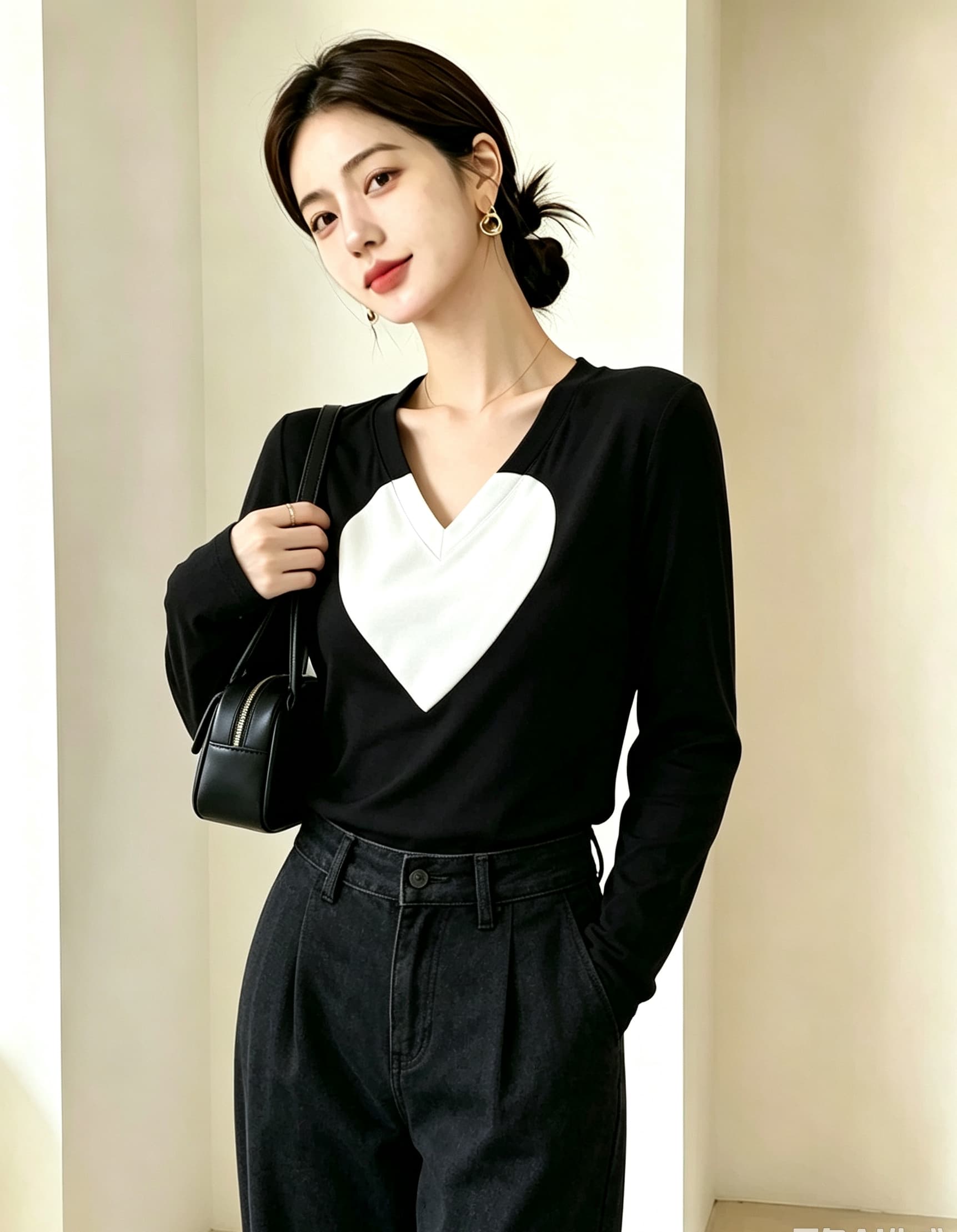 실사 빅 사이즈 여성 의류 가을 새로운 연령 감소 다용도 디자인 센스 하트 패치워크 고급 센스 긴팔 티셔츠 기본 셔츠 상세 이미지 5