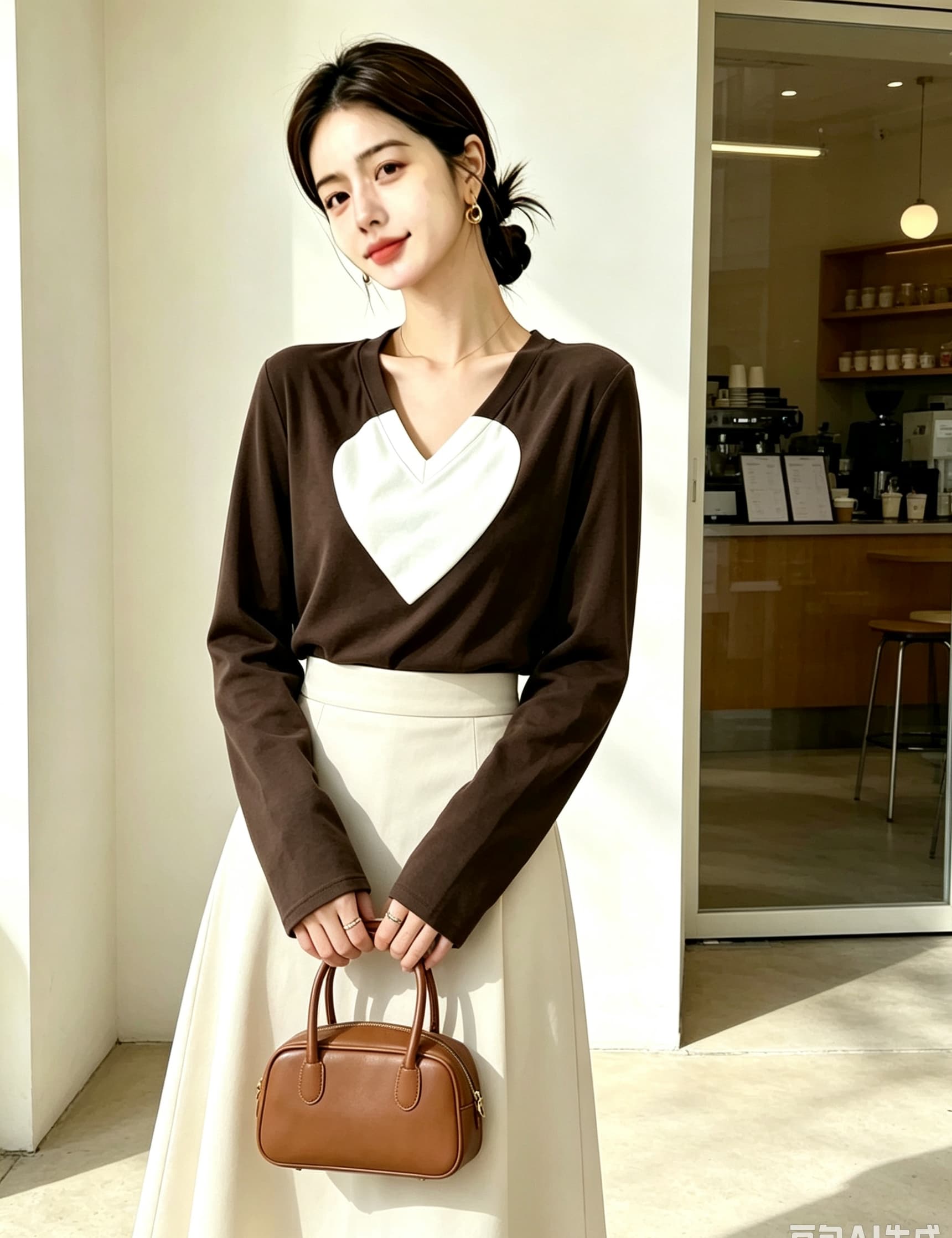 실사 빅 사이즈 여성 의류 가을 새로운 연령 감소 다용도 디자인 센스 하트 패치워크 고급 센스 긴팔 티셔츠 기본 셔츠 상세 이미지 6