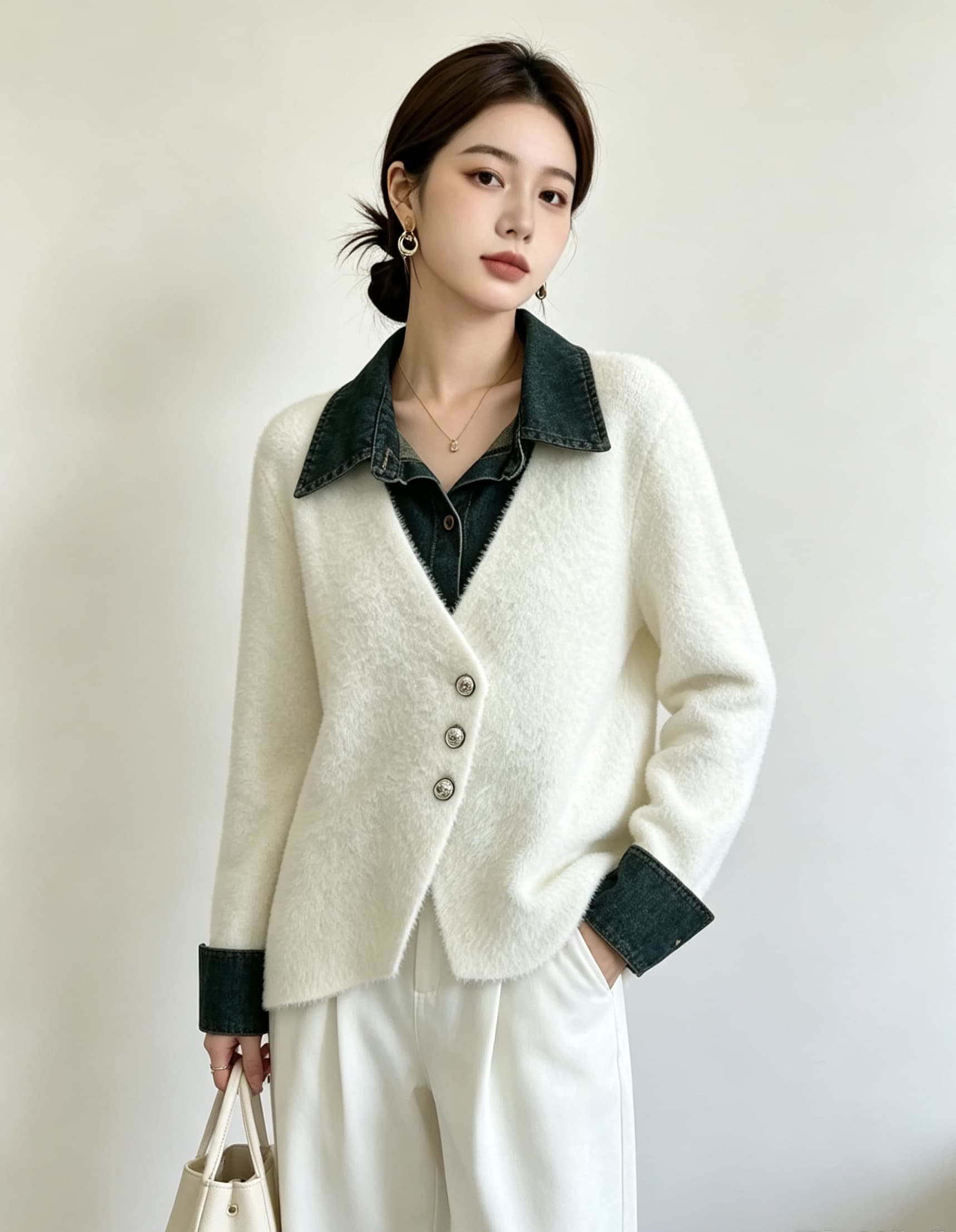 실사 빅 사이즈 여성 의류 가을 겨울 데님 패치워크 가짜 2 피스 슈트 스웨터 코트 작은 샤넬 스타일 모방 밍크 울 니트 스웨터 상세 이미지 8
