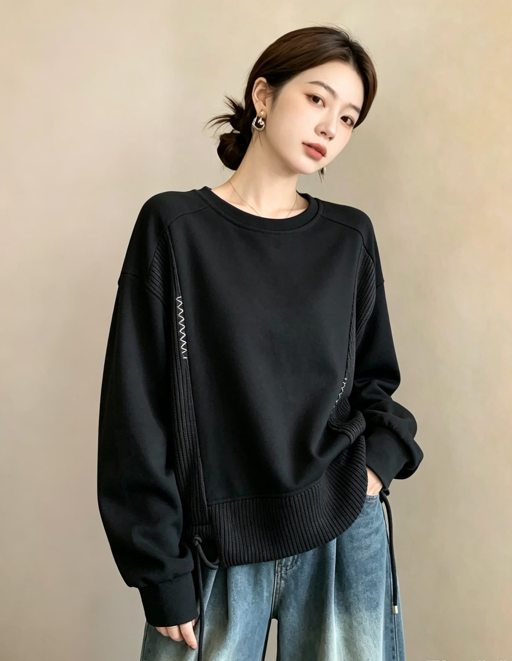 실사 빅 사이즈 여성 의류 가을 새로운 디자인 센스 배색 패치워크 외국 가스 연령 감소 루즈핏 캐주얼 다용도 티셔츠 후드티 이미지 2