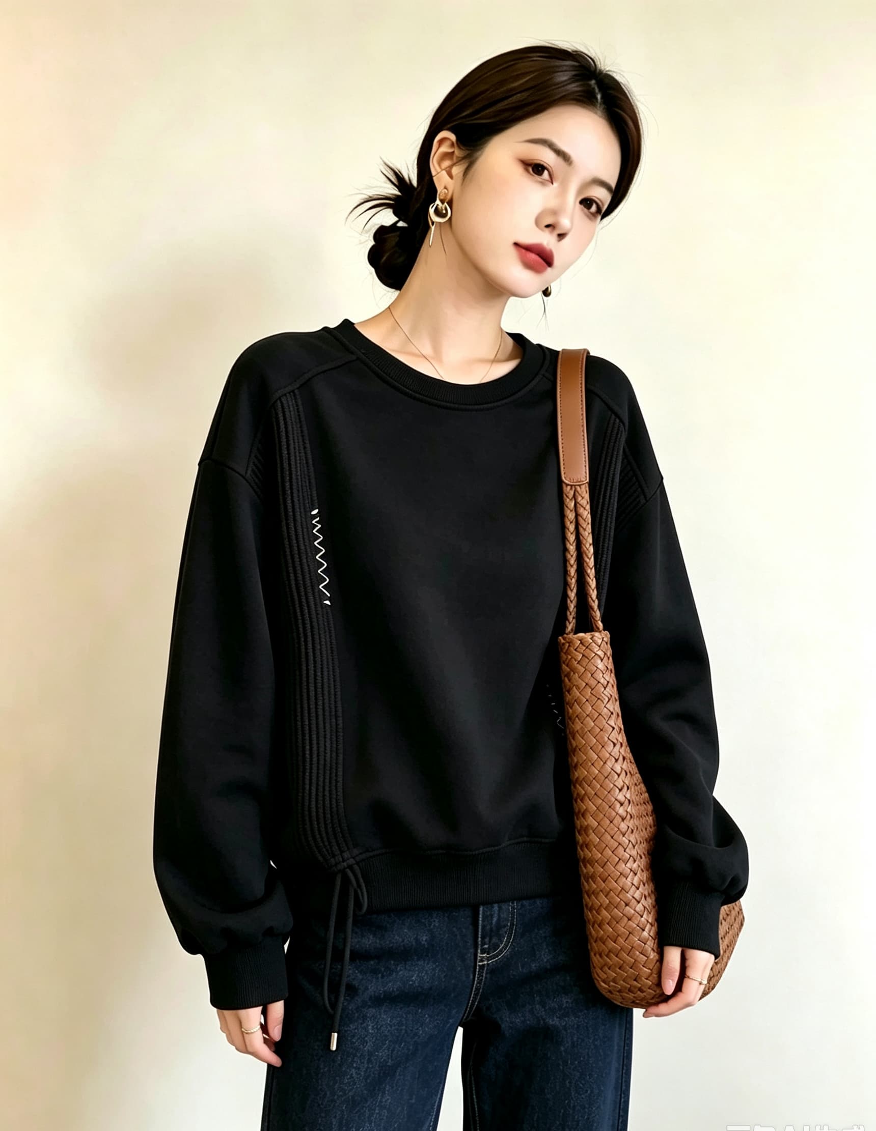 실사 빅 사이즈 여성 의류 가을 새로운 디자인 센스 배색 패치워크 외국 가스 연령 감소 루즈핏 캐주얼 다용도 티셔츠 후드티 상세 이미지 5