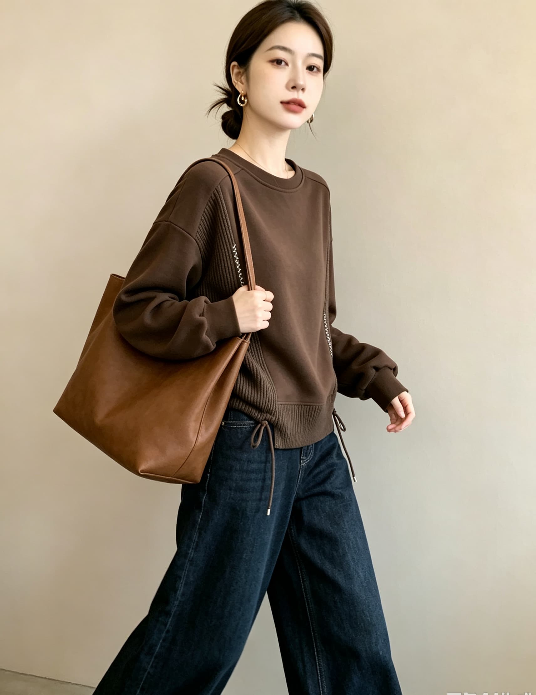 실사 빅 사이즈 여성 의류 가을 새로운 디자인 센스 배색 패치워크 외국 가스 연령 감소 루즈핏 캐주얼 다용도 티셔츠 후드티 상세 이미지 17