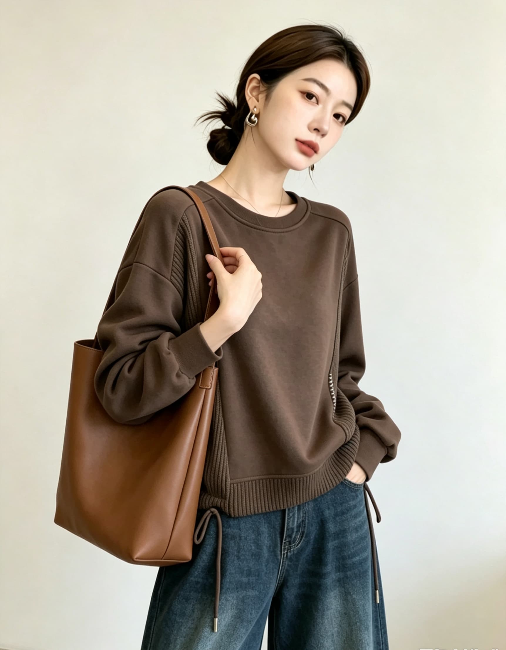 실사 빅 사이즈 여성 의류 가을 새로운 디자인 센스 배색 패치워크 외국 가스 연령 감소 루즈핏 캐주얼 다용도 티셔츠 후드티 상세 이미지 19