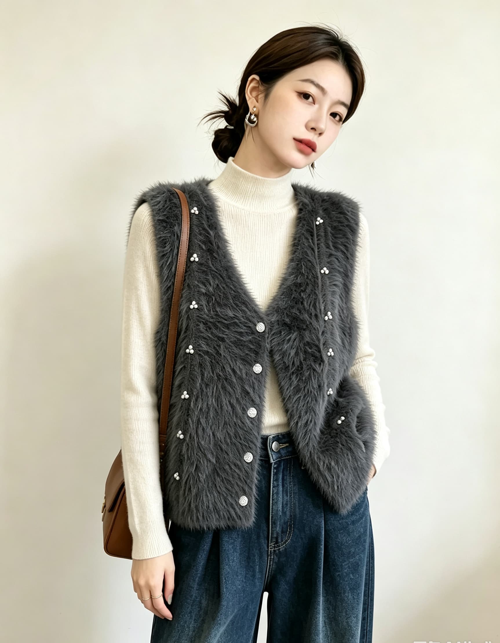 실사 빅 사이즈 여성 의류 두꺼운 높은 품질 모방 수달 외국 가스 패션 진주 니트 베스트 외부 가져 가라. 스웨터 맨위 이미지 4