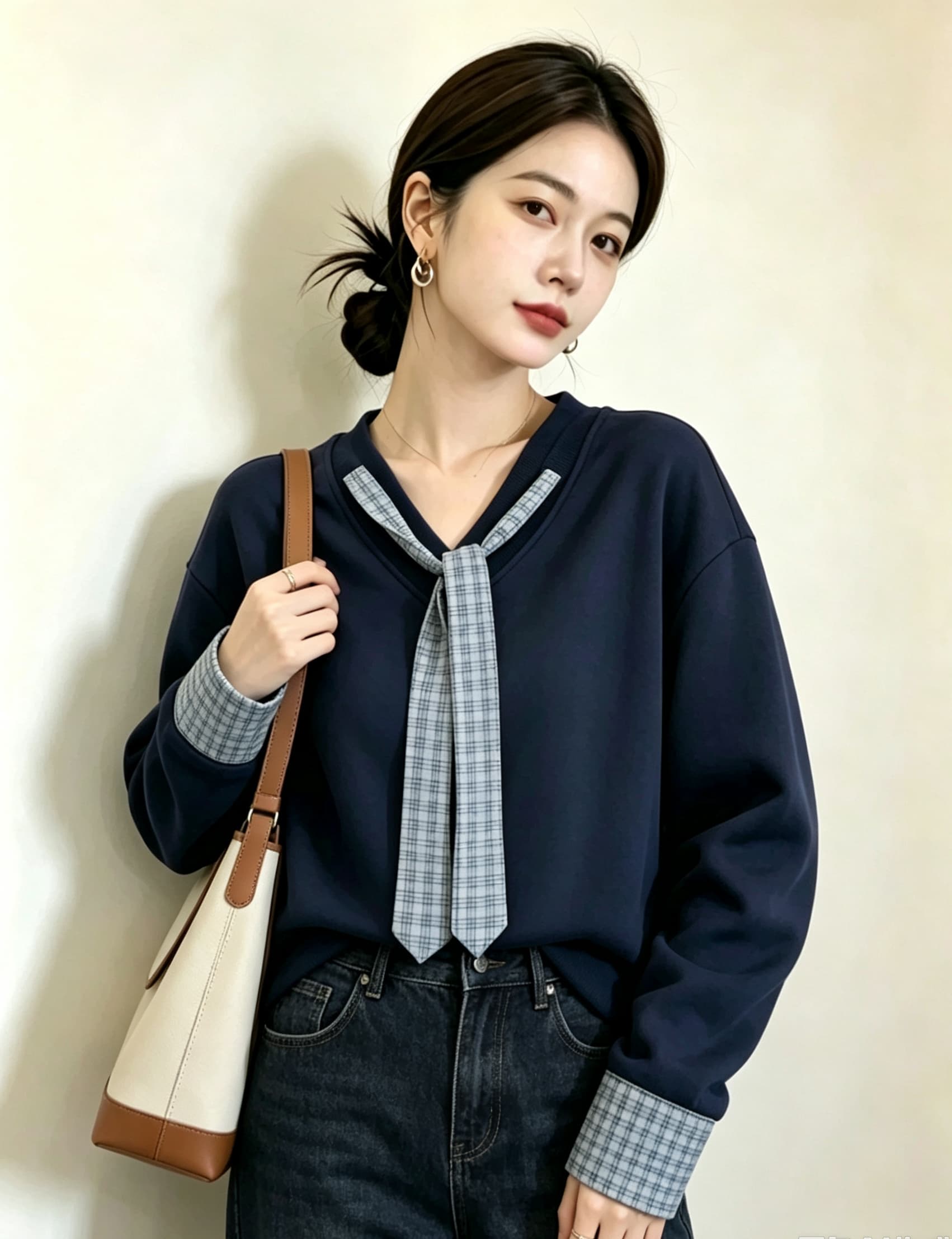 실사 빅 사이즈 지방 mm 새로운 디자인 센스 V넥 풀오버 체크무늬 넥타이 후드티 미니멀리즘 표지 고기 슬림해 보이는 맨위 이미지 4