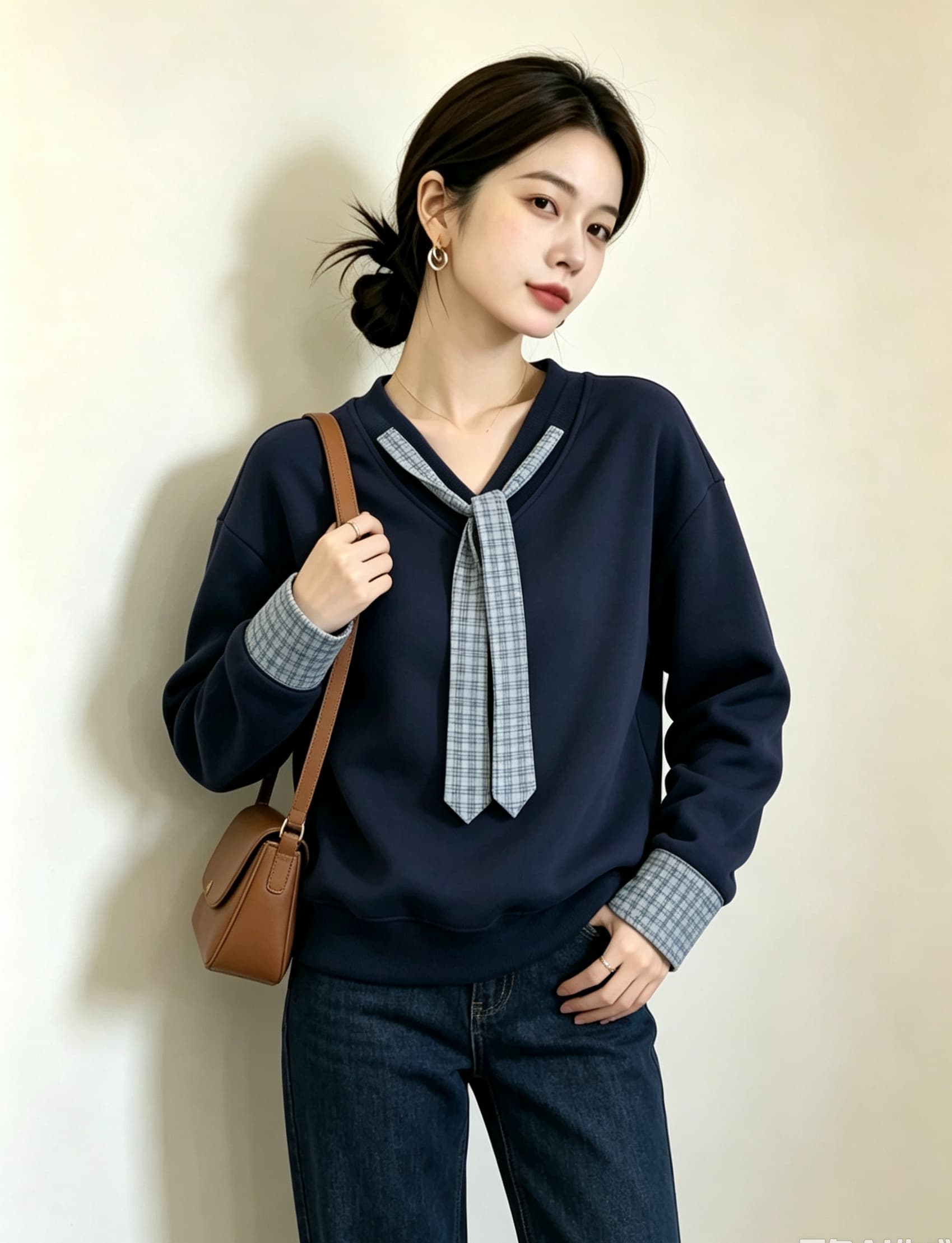 실사 빅 사이즈 지방 mm 새로운 디자인 센스 V넥 풀오버 체크무늬 넥타이 후드티 미니멀리즘 표지 고기 슬림해 보이는 맨위 상세 이미지 5
