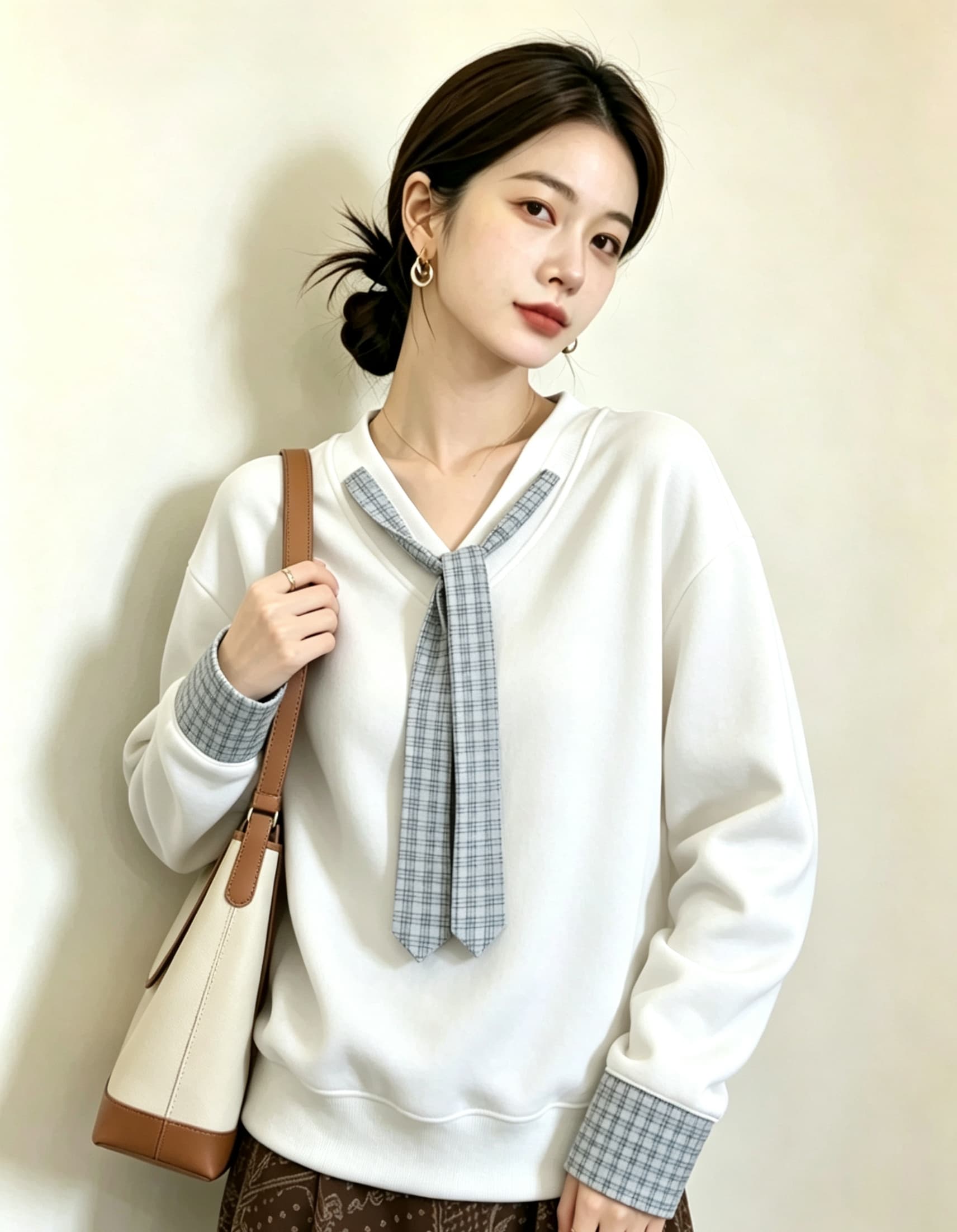 실사 빅 사이즈 지방 mm 새로운 디자인 센스 V넥 풀오버 체크무늬 넥타이 후드티 미니멀리즘 표지 고기 슬림해 보이는 맨위 상세 이미지 6
