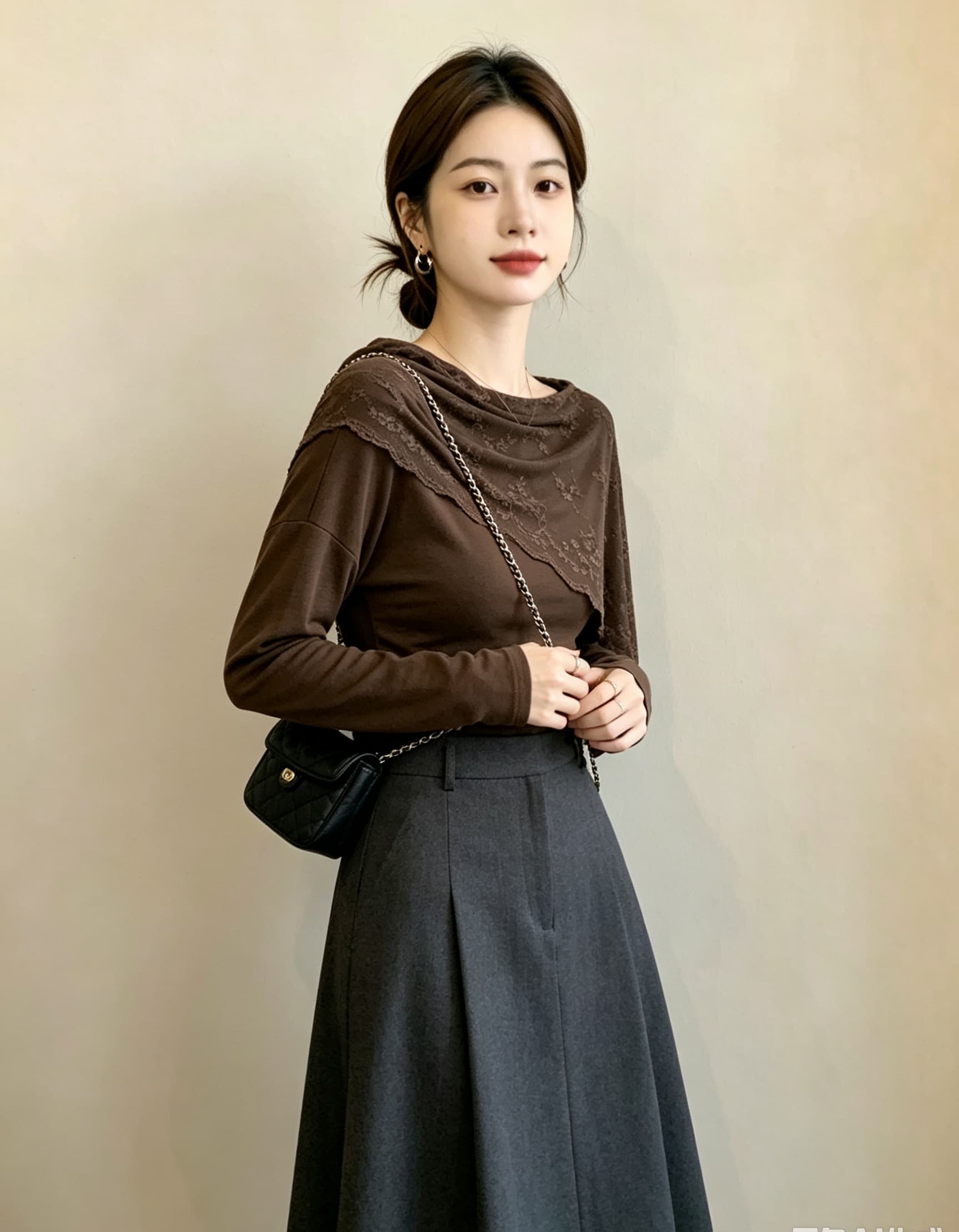 실사 빅 사이즈 여성 부드러운 바람 한 부서 디자인 센스 레이스 조각 비스듬한 어깨 의류 고급 시간 아직도 느낌 긴팔 티셔츠 상세 이미지 11
