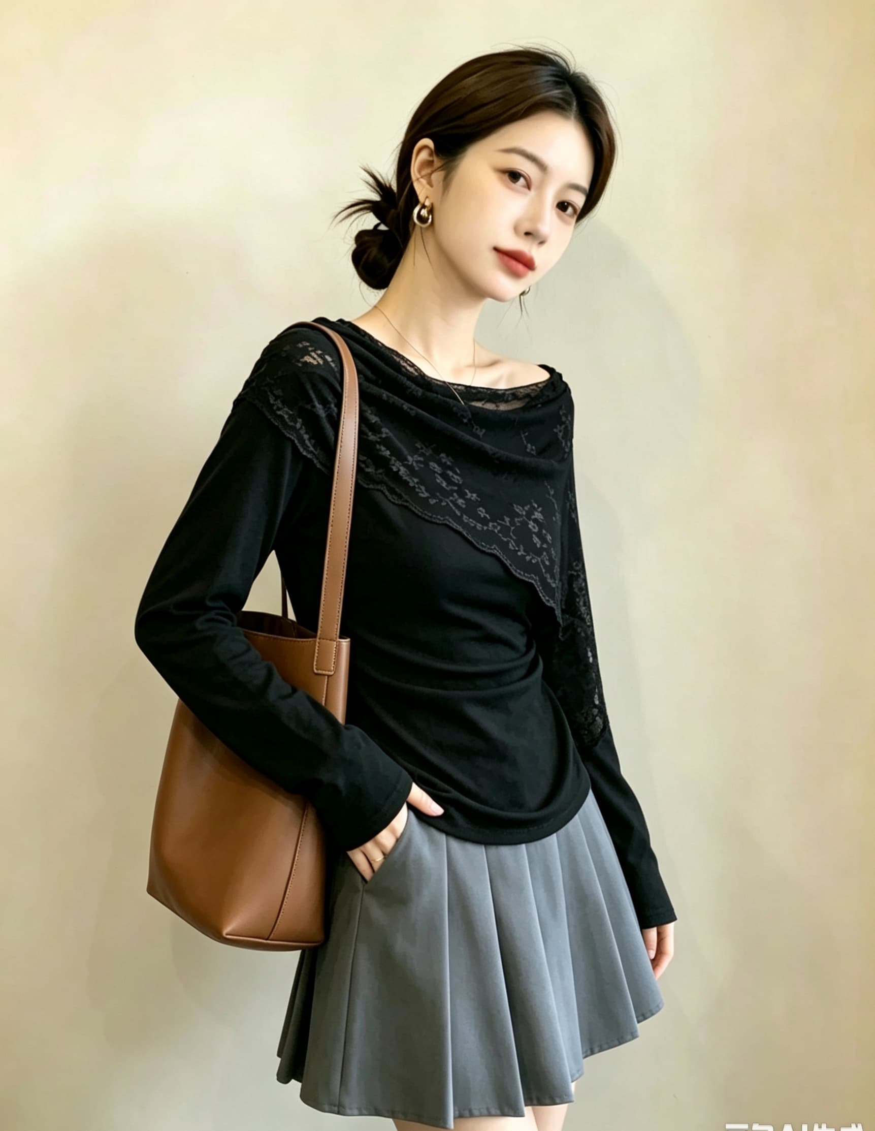 실사 빅 사이즈 여성 부드러운 바람 한 부서 디자인 센스 레이스 조각 비스듬한 어깨 의류 고급 시간 아직도 느낌 긴팔 티셔츠 상세 이미지 15