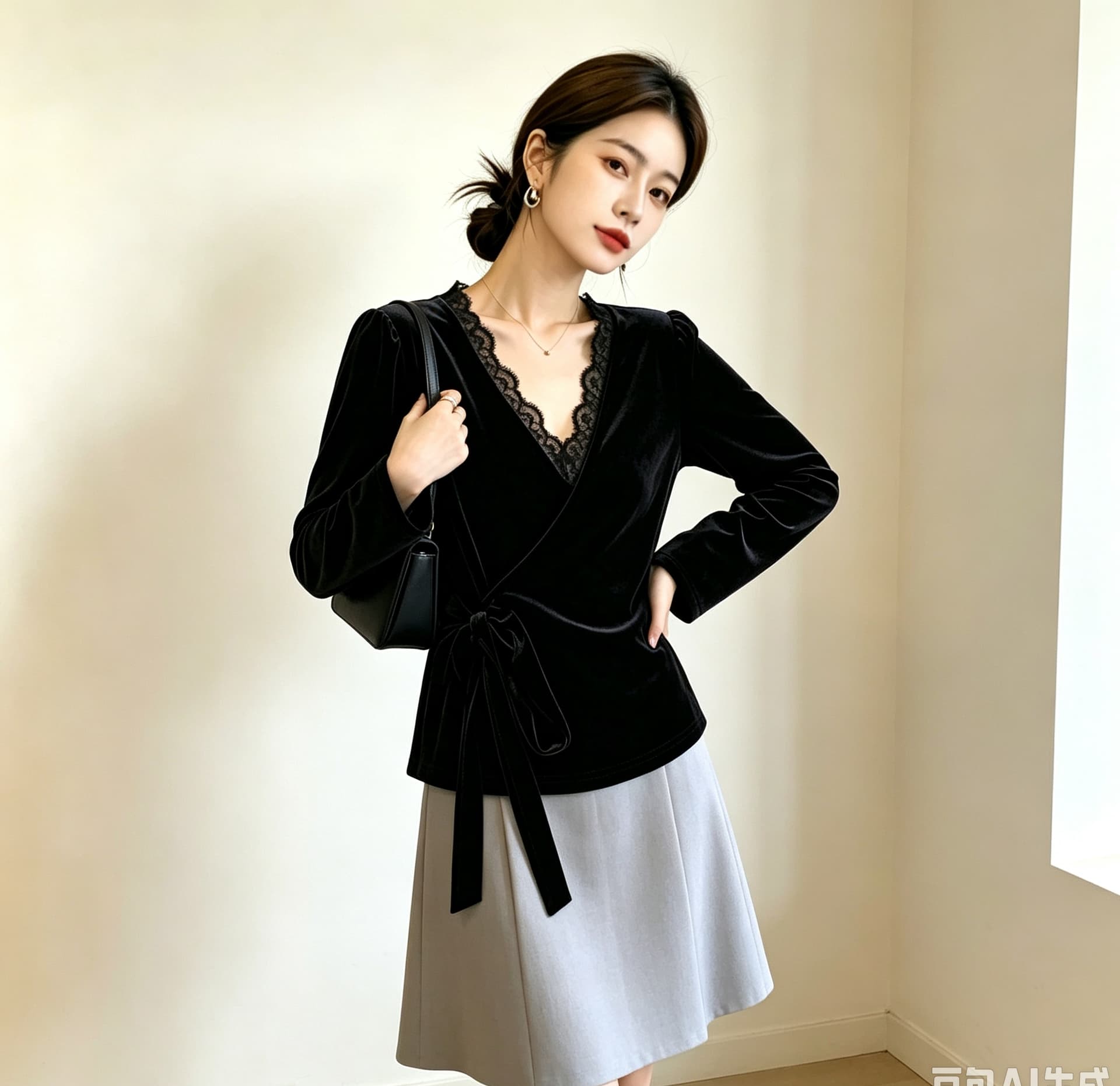 실사 빅 사이즈 프랑스식 정면 비스듬한 쿠아 펌프 로프 스트랩 V넥 벨벳 셔츠 지방 mm 허리 수축 슬림해 보이는 작은 셔츠 맨위 상세 이미지 9