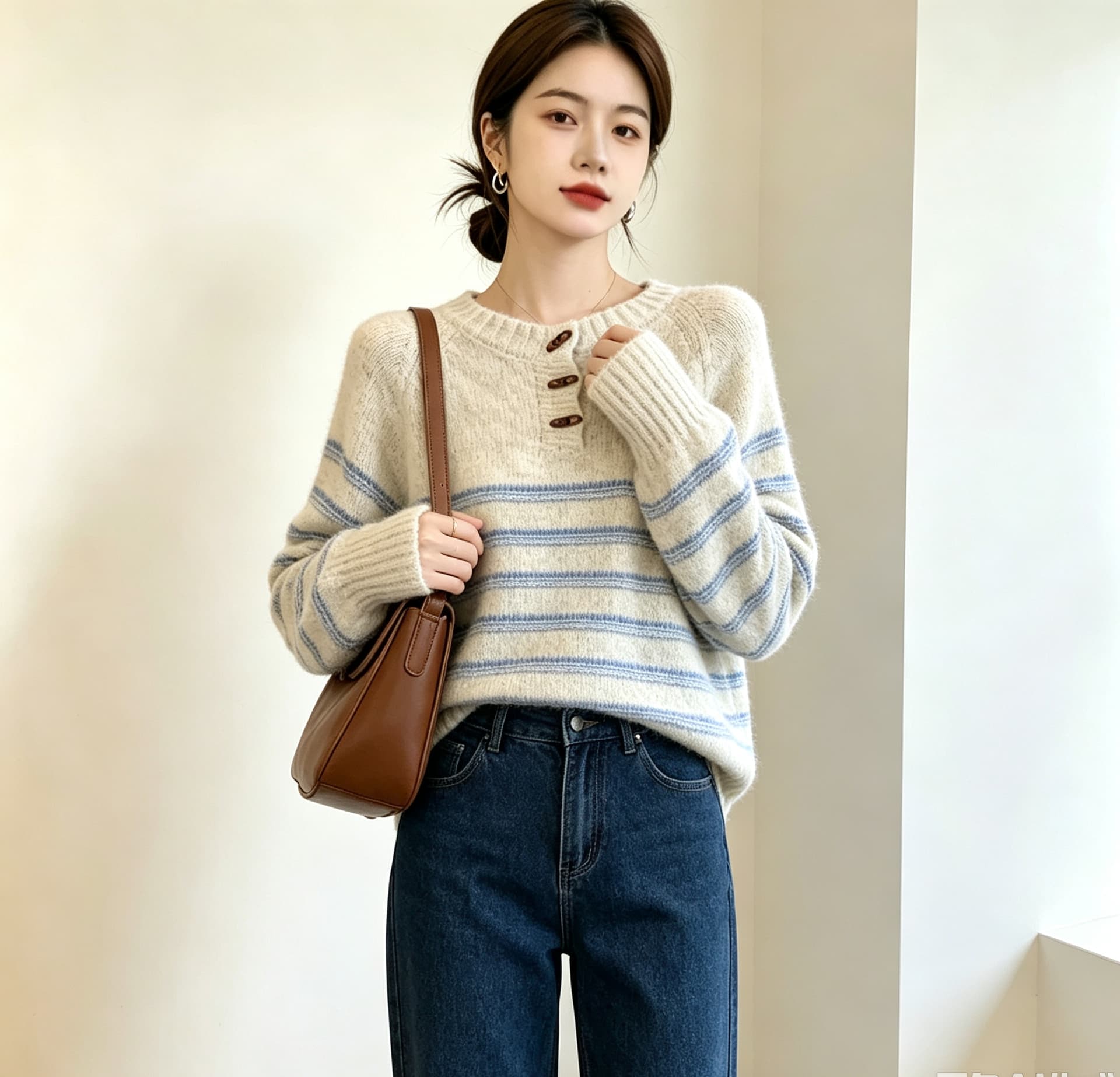 실사 빅 사이즈 고급 부드러운 찹쌀 배색 스트라이프 니트 스웨터 루즈핏 캐주얼 슬림해 보이는 라운드 넥 소뿔 버클 풀오버 상세 이미지 27