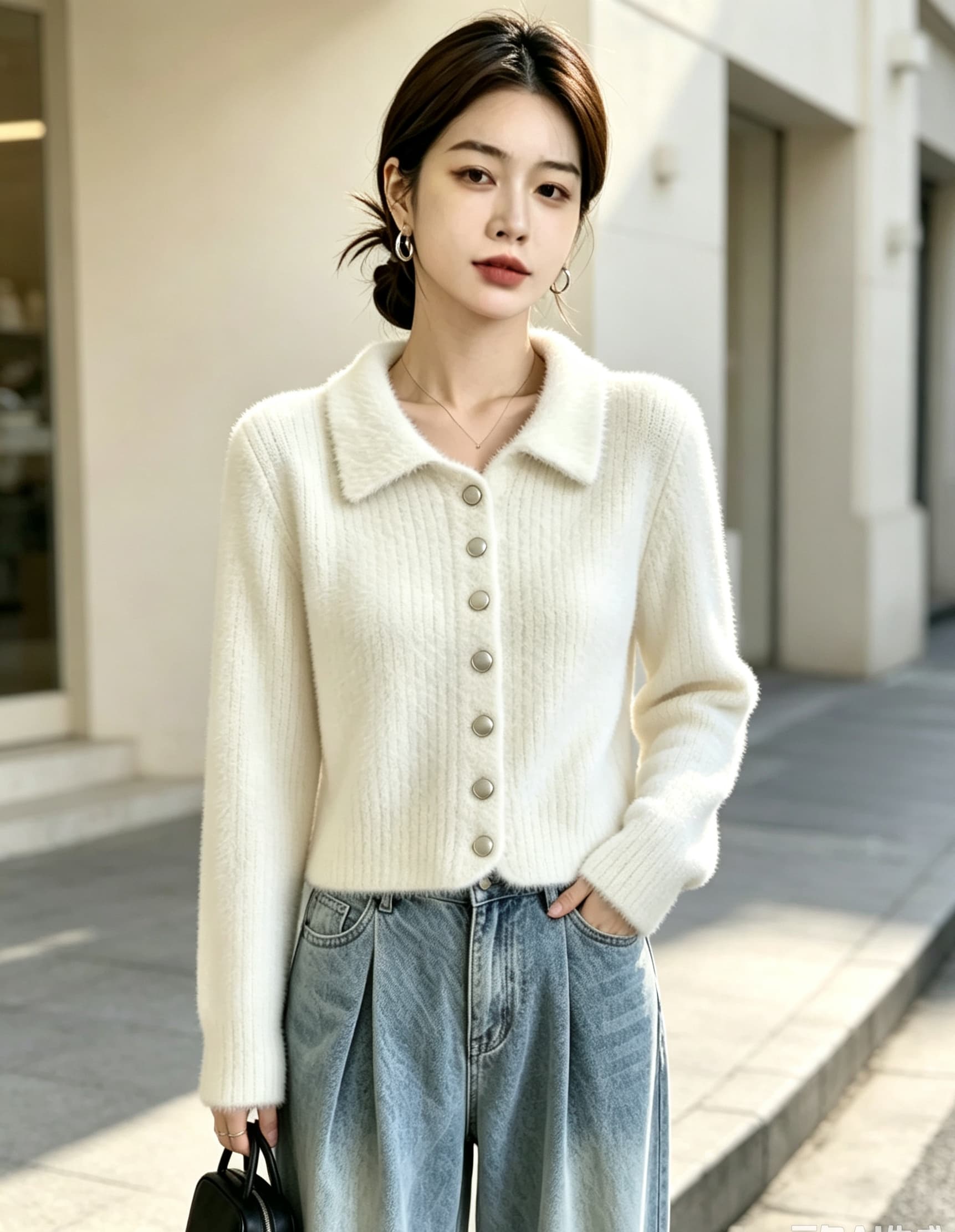 실사 빅 사이즈 여성 의류 미니멀리즘 몸매 가꾸기 슬림해 보이는 쇼트 스타일 모방 수달 플리스 부드러운 찹쌀 니트 오픈 가디건 스웨터 맨위 상세 이미지 17