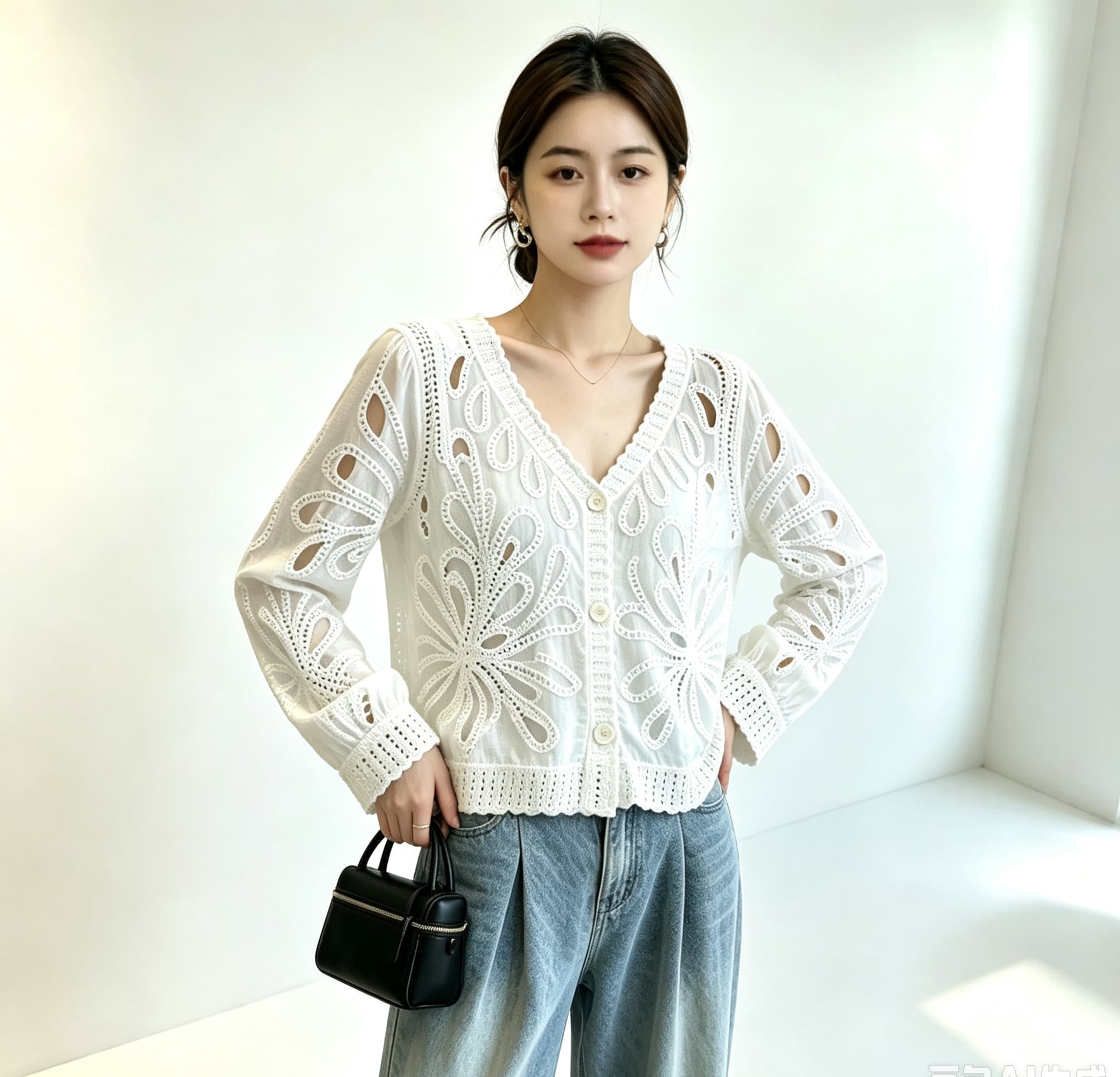 실사 빅 사이즈 여성 의류 가을 무거운 작업 자수 레이스 홀로우 아웃 자수 긴팔 니트 스웨터 오픈 가디건 디자인 센스 맨위 이미지 4