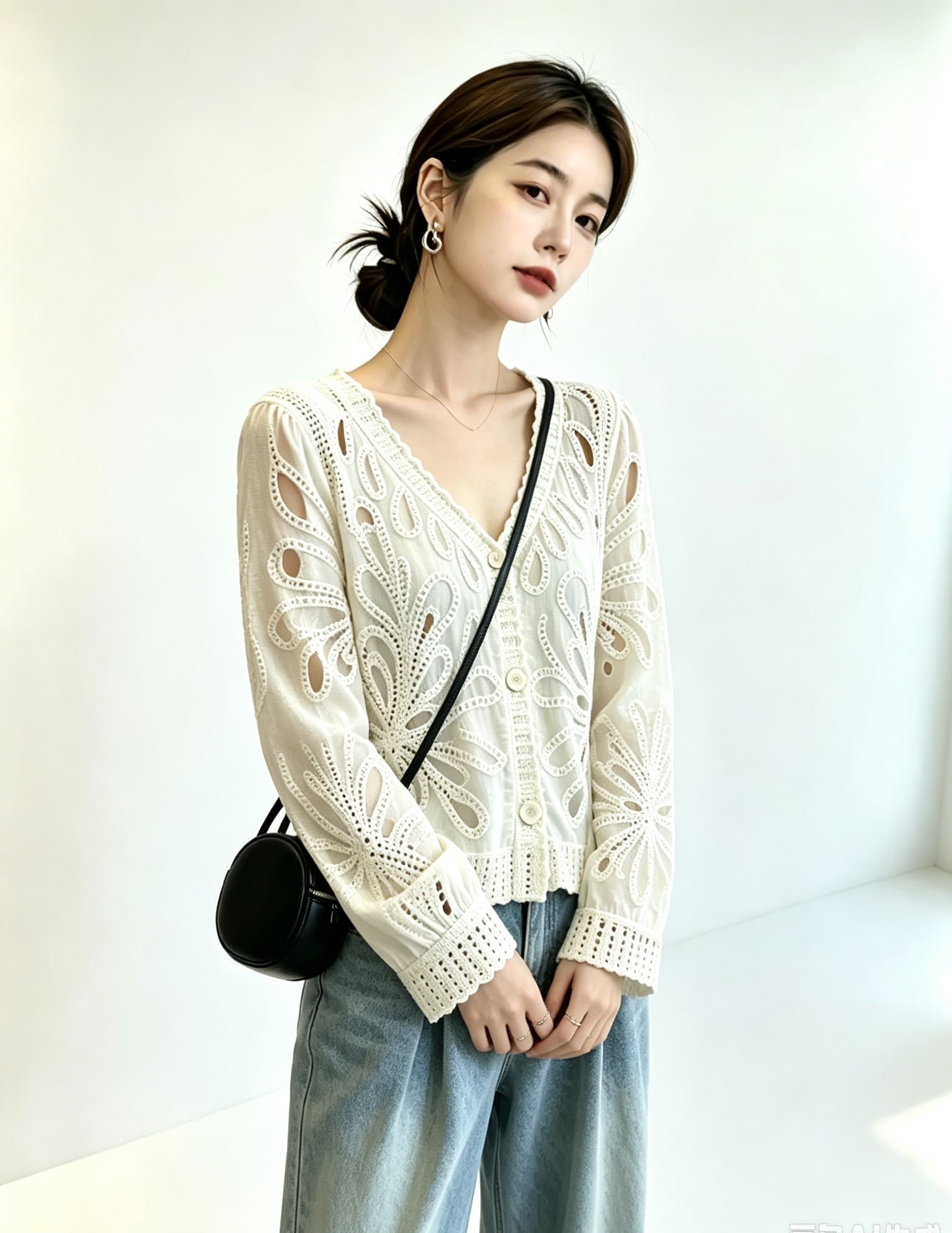 실사 빅 사이즈 여성 의류 가을 무거운 작업 자수 레이스 홀로우 아웃 자수 긴팔 니트 스웨터 오픈 가디건 디자인 센스 맨위 이미지 5