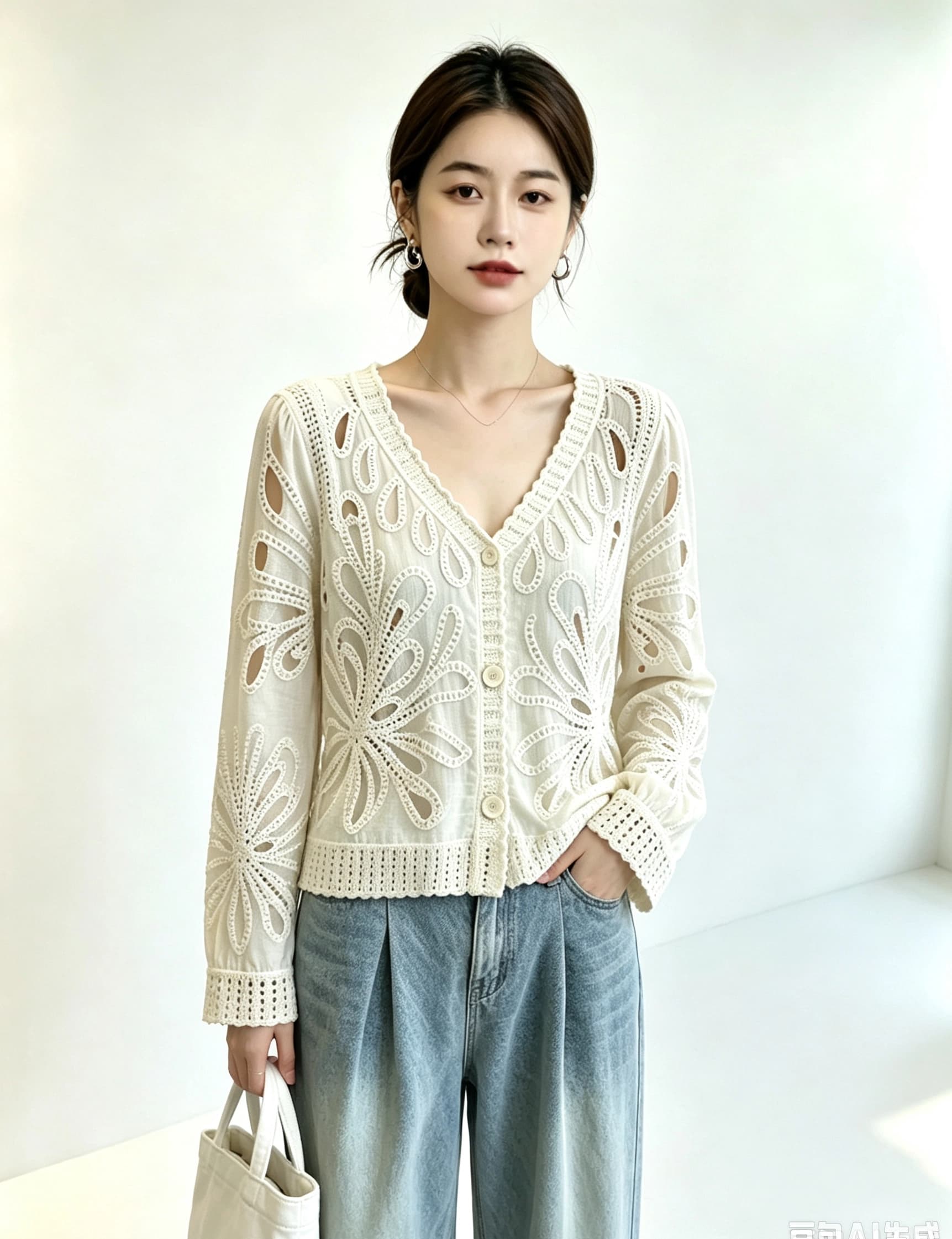 실사 빅 사이즈 여성 의류 가을 무거운 작업 자수 레이스 홀로우 아웃 자수 긴팔 니트 스웨터 오픈 가디건 디자인 센스 맨위 상세 이미지 3
