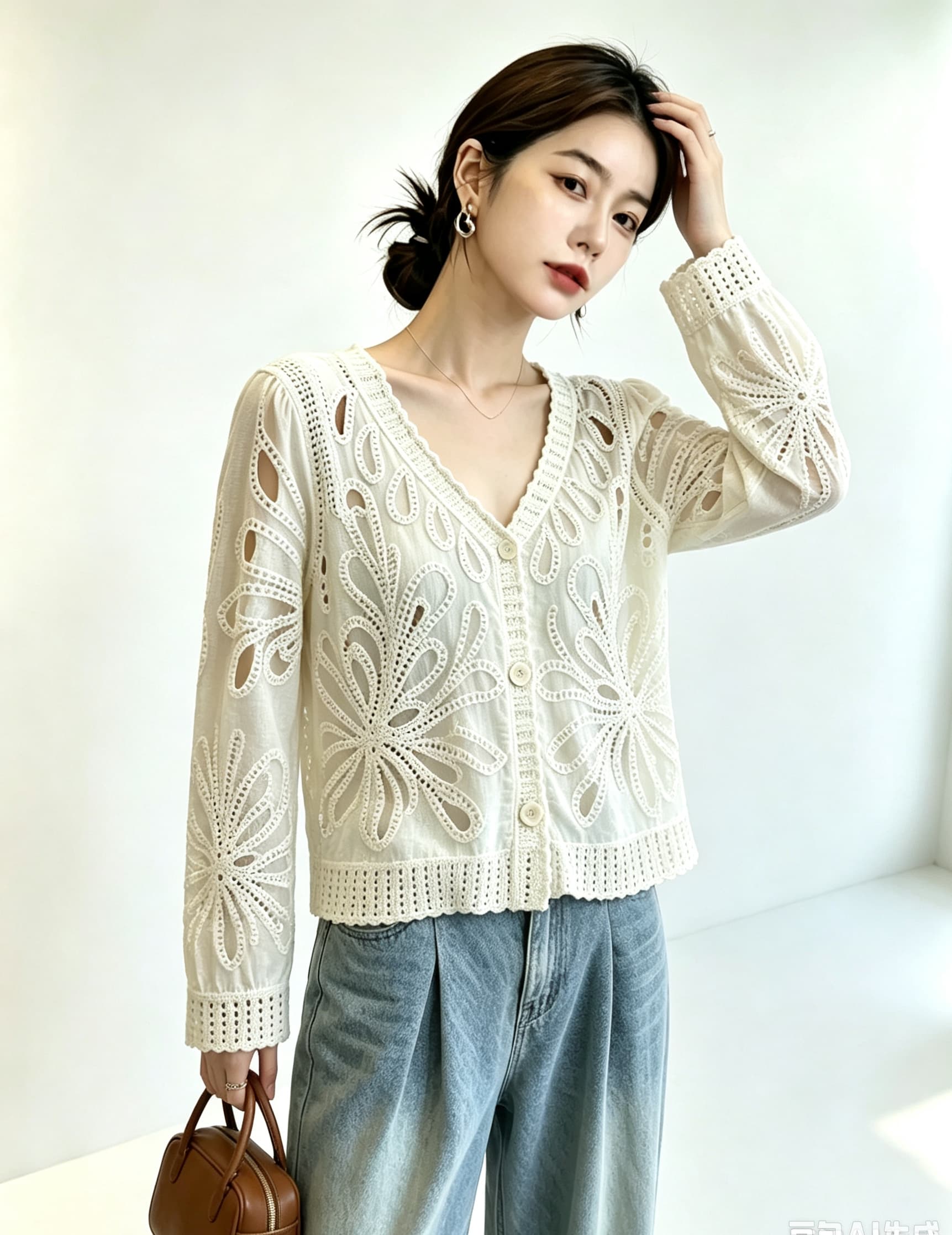 실사 빅 사이즈 여성 의류 가을 무거운 작업 자수 레이스 홀로우 아웃 자수 긴팔 니트 스웨터 오픈 가디건 디자인 센스 맨위 상세 이미지 5