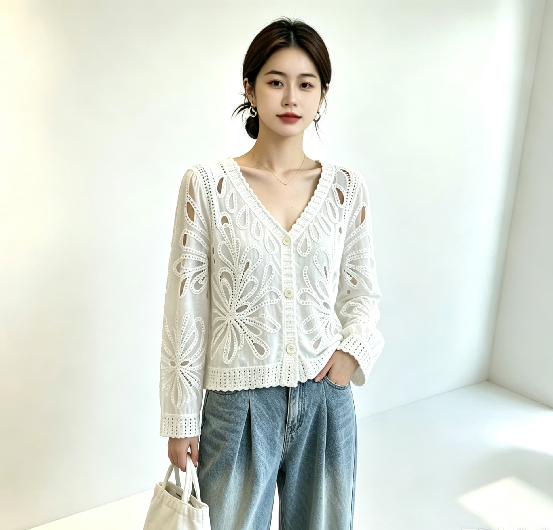 실사 빅 사이즈 여성 의류 가을 무거운 작업 자수 레이스 홀로우 아웃 자수 긴팔 니트 스웨터 오픈 가디건 디자인 센스 맨위 상세 이미지 6