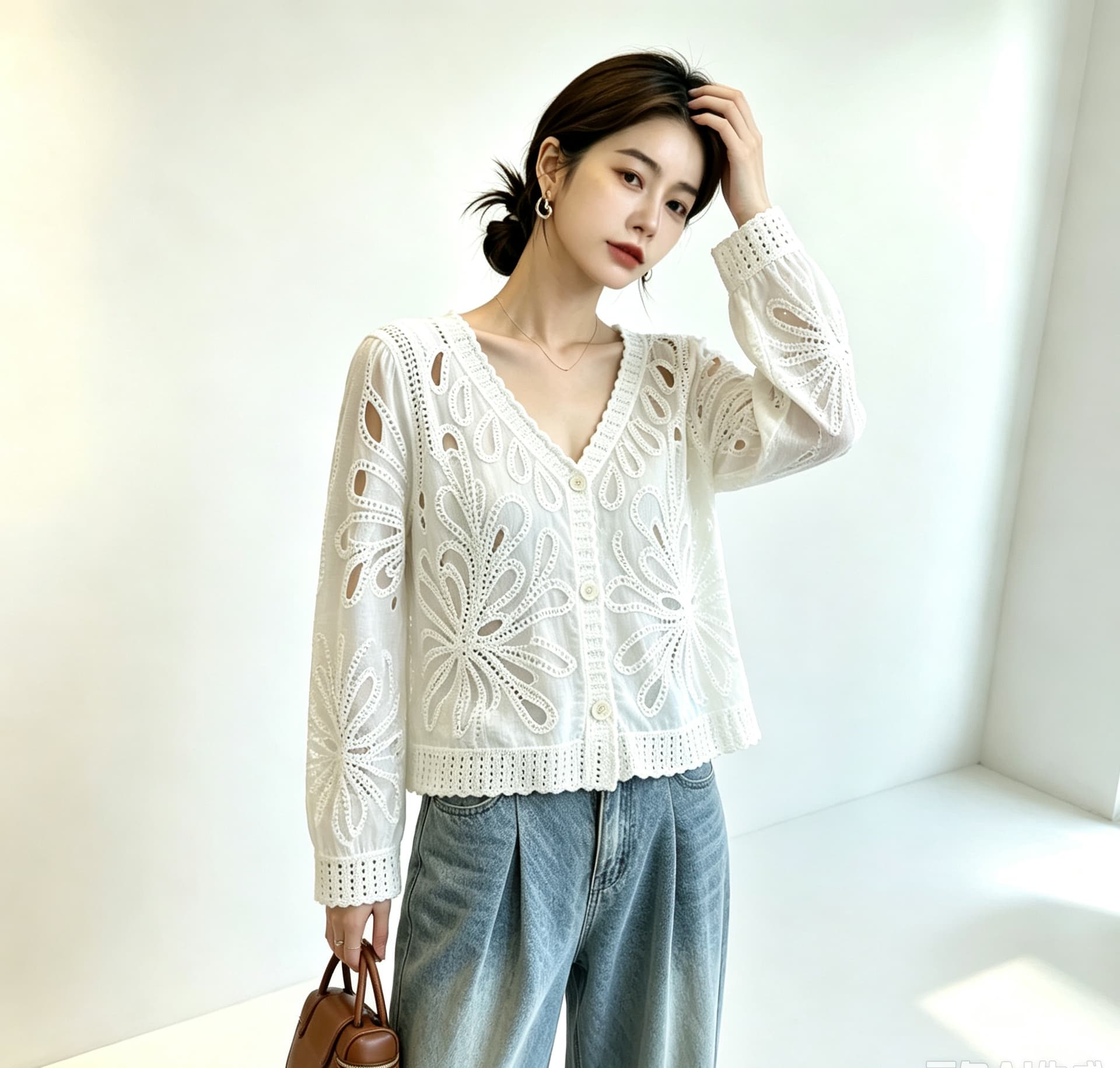 실사 빅 사이즈 여성 의류 가을 무거운 작업 자수 레이스 홀로우 아웃 자수 긴팔 니트 스웨터 오픈 가디건 디자인 센스 맨위 상세 이미지 8