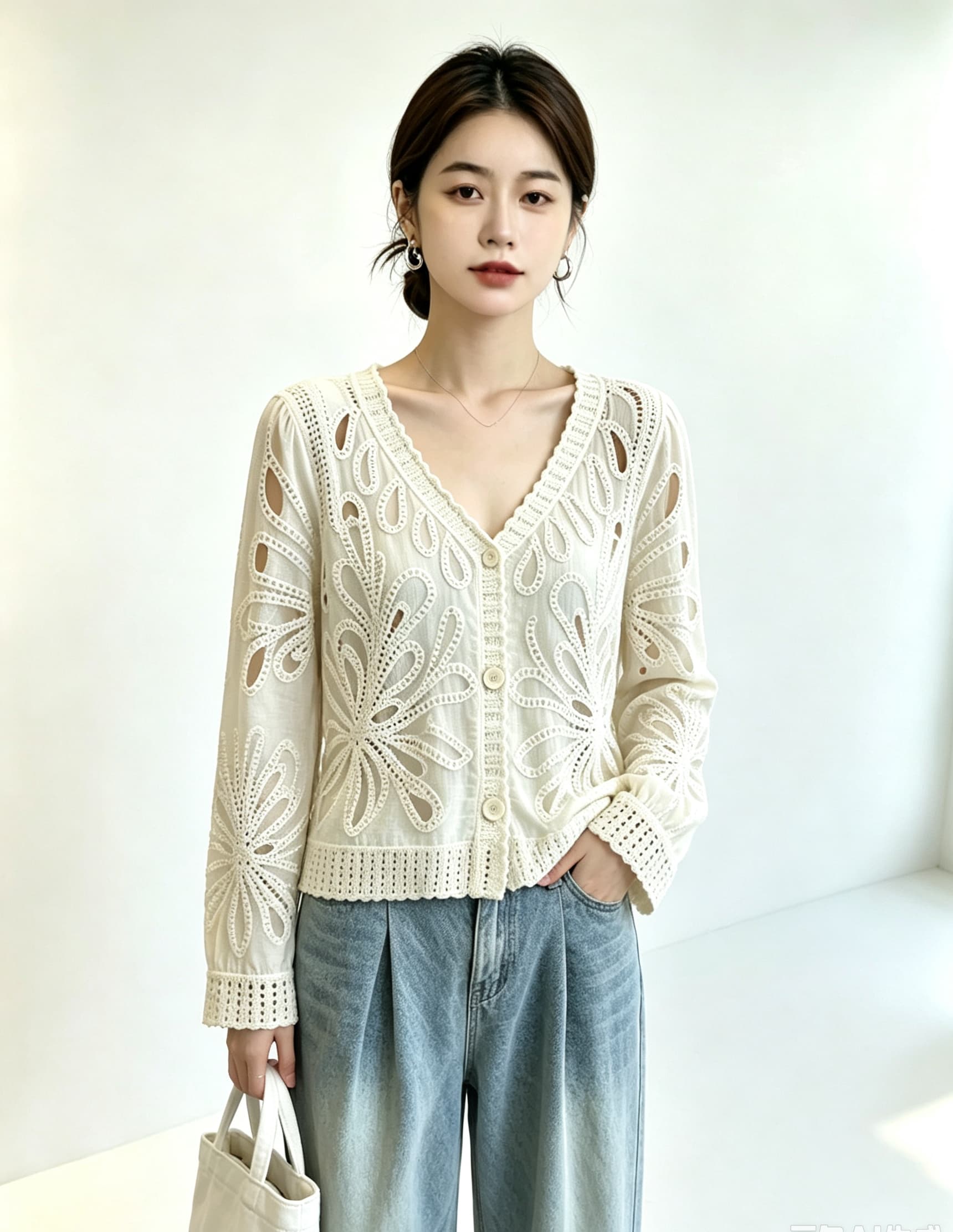 실사 빅 사이즈 여성 의류 가을 무거운 작업 자수 레이스 홀로우 아웃 자수 긴팔 니트 스웨터 오픈 가디건 디자인 센스 맨위 상세 이미지 12