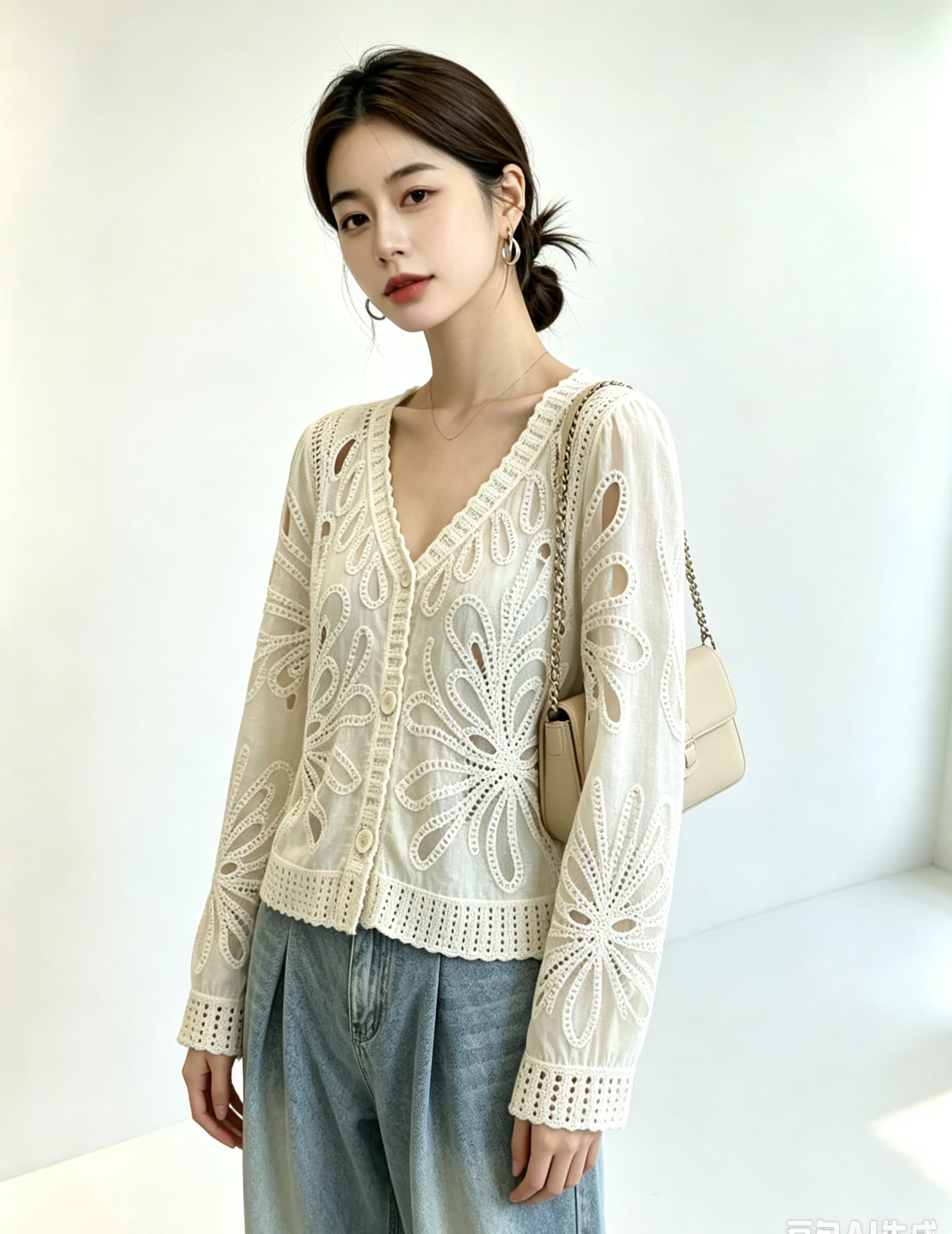 실사 빅 사이즈 여성 의류 가을 무거운 작업 자수 레이스 홀로우 아웃 자수 긴팔 니트 스웨터 오픈 가디건 디자인 센스 맨위 상세 이미지 15