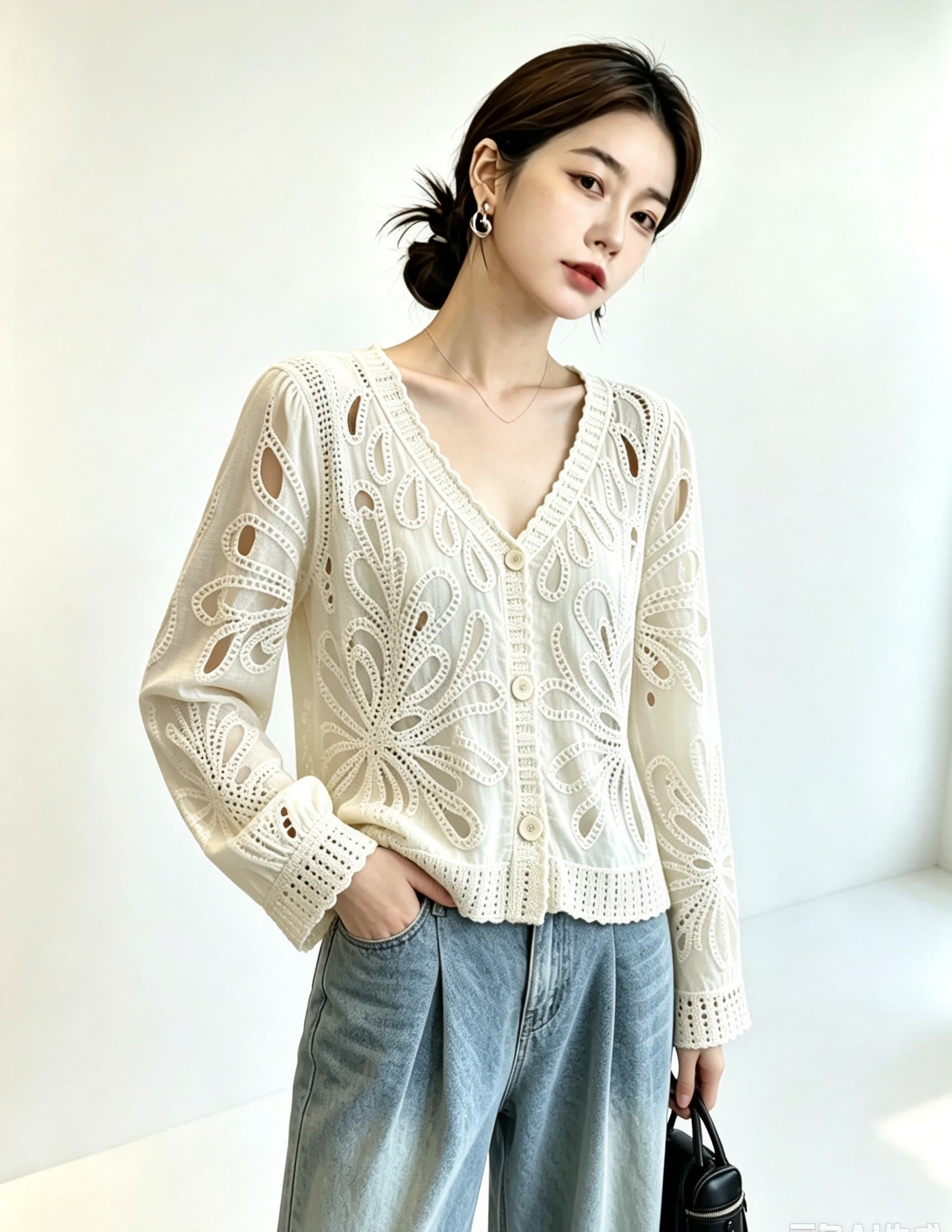 실사 빅 사이즈 여성 의류 가을 무거운 작업 자수 레이스 홀로우 아웃 자수 긴팔 니트 스웨터 오픈 가디건 디자인 센스 맨위 상세 이미지 16