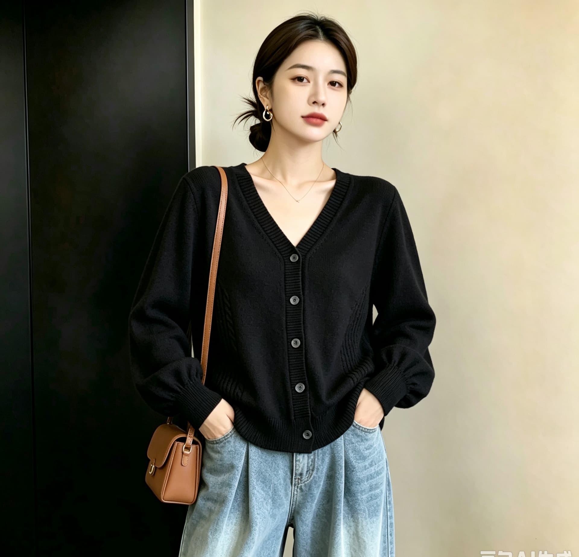 실사 빅 사이즈 여성 의류 미니멀리즘 레트로 V넥 싱글 줄 버튼 오픈 가디건 허리 수축 슬림해 보이는 가을 새로운 보온 스웨터 상세 이미지 4
