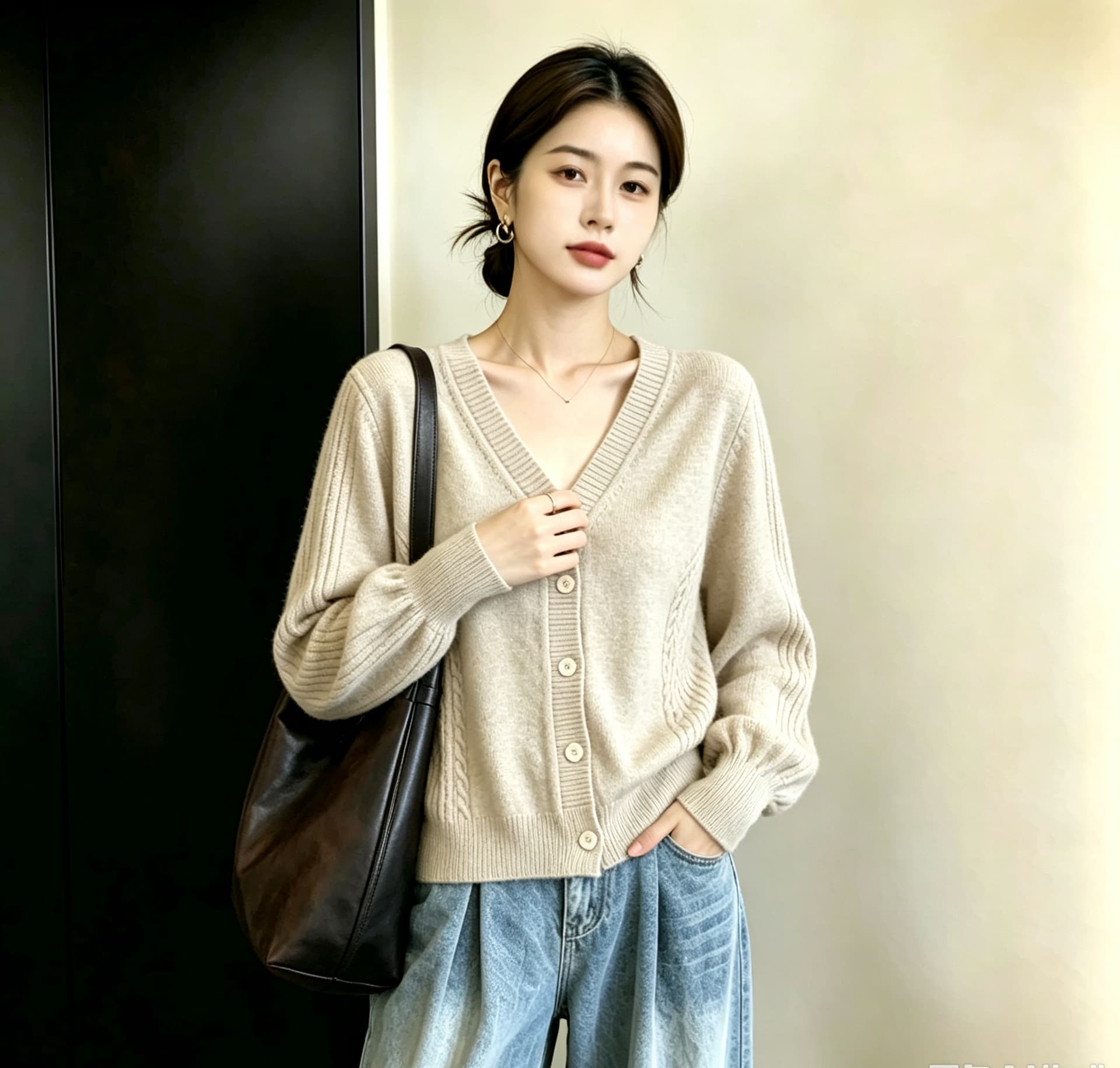 실사 빅 사이즈 여성 의류 미니멀리즘 레트로 V넥 싱글 줄 버튼 오픈 가디건 허리 수축 슬림해 보이는 가을 새로운 보온 스웨터 상세 이미지 7