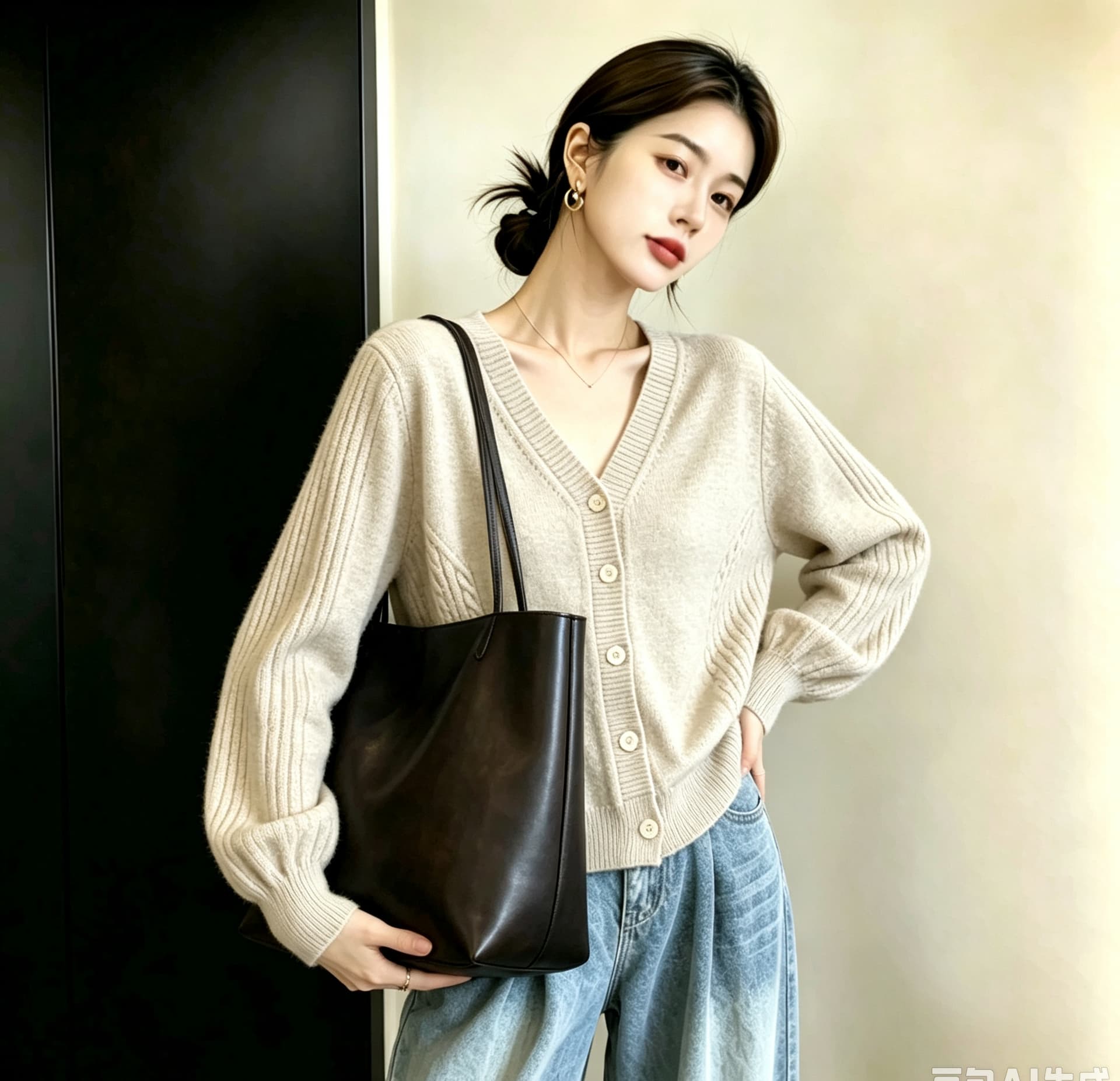 실사 빅 사이즈 여성 의류 미니멀리즘 레트로 V넥 싱글 줄 버튼 오픈 가디건 허리 수축 슬림해 보이는 가을 새로운 보온 스웨터 상세 이미지 8