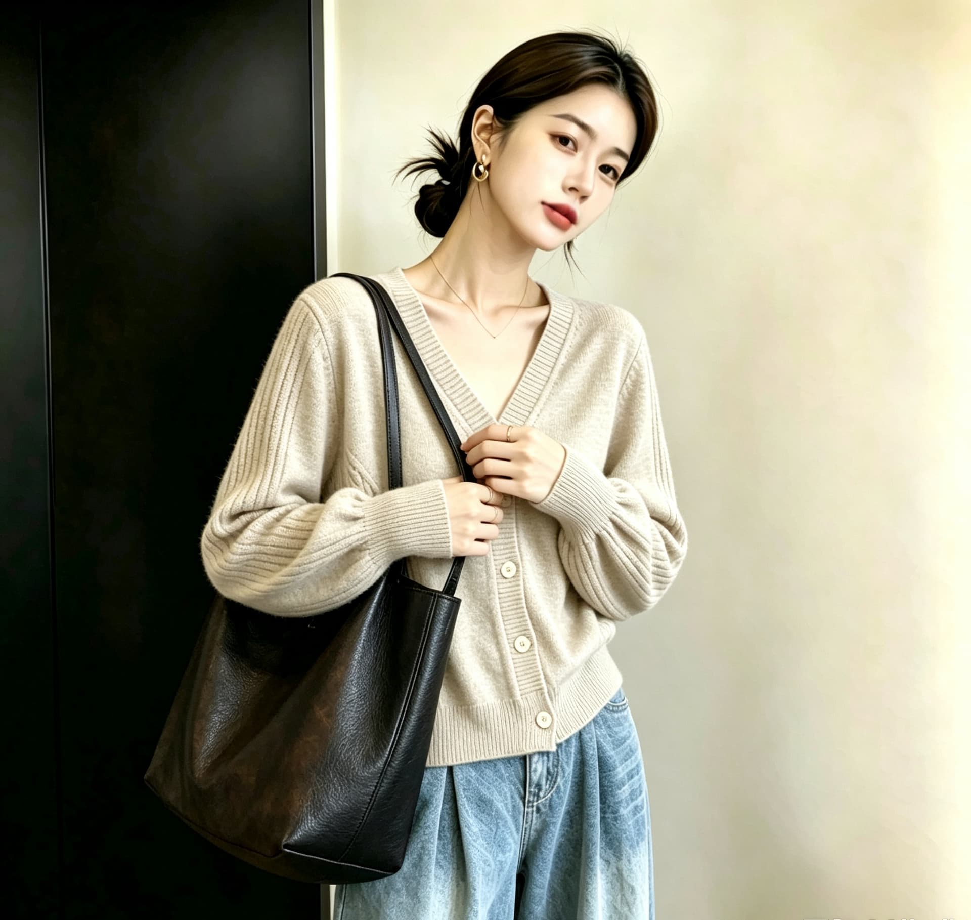실사 빅 사이즈 여성 의류 미니멀리즘 레트로 V넥 싱글 줄 버튼 오픈 가디건 허리 수축 슬림해 보이는 가을 새로운 보온 스웨터 상세 이미지 9