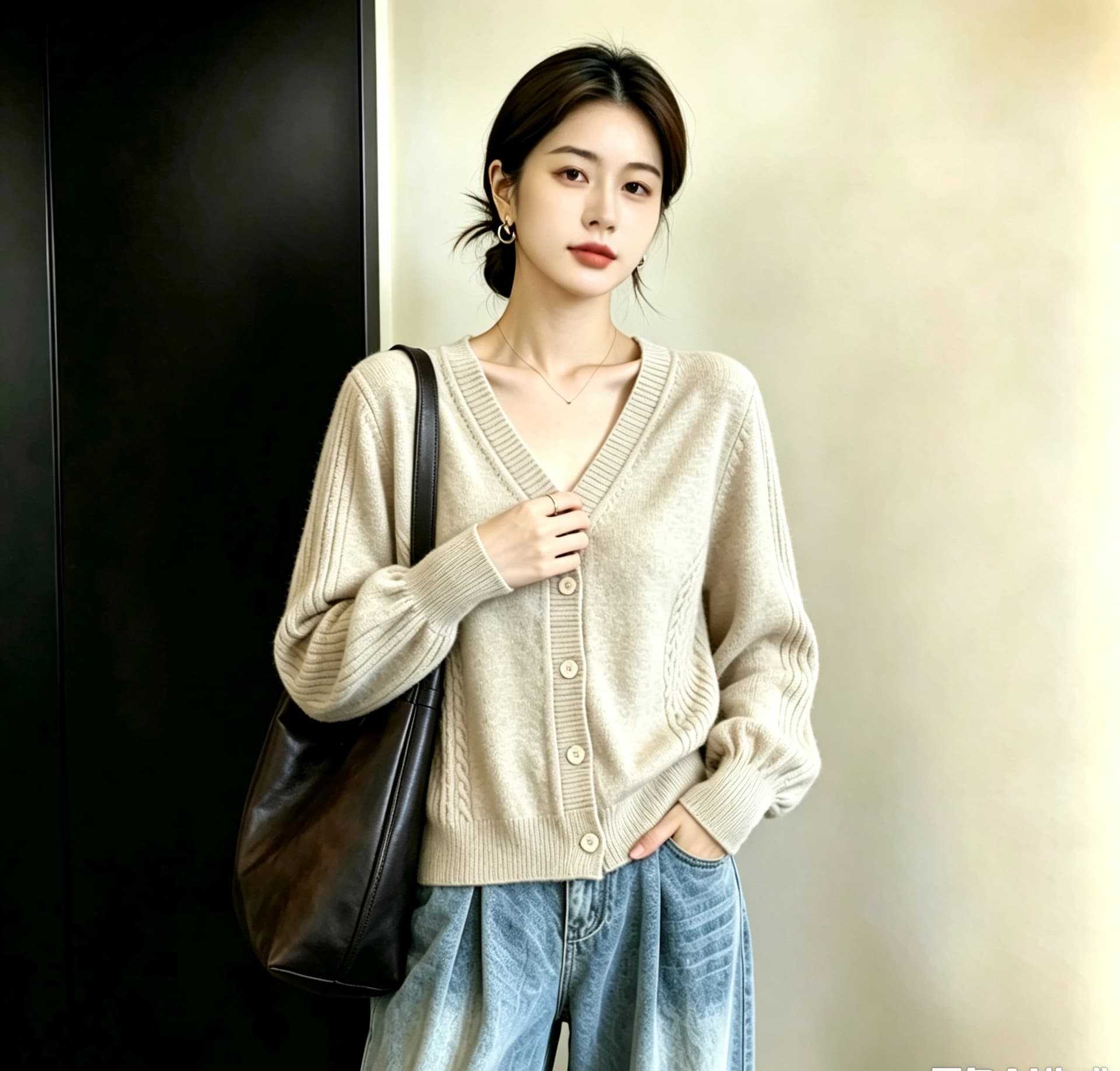 실사 빅 사이즈 여성 의류 미니멀리즘 레트로 V넥 싱글 줄 버튼 오픈 가디건 허리 수축 슬림해 보이는 가을 새로운 보온 스웨터 상세 이미지 11