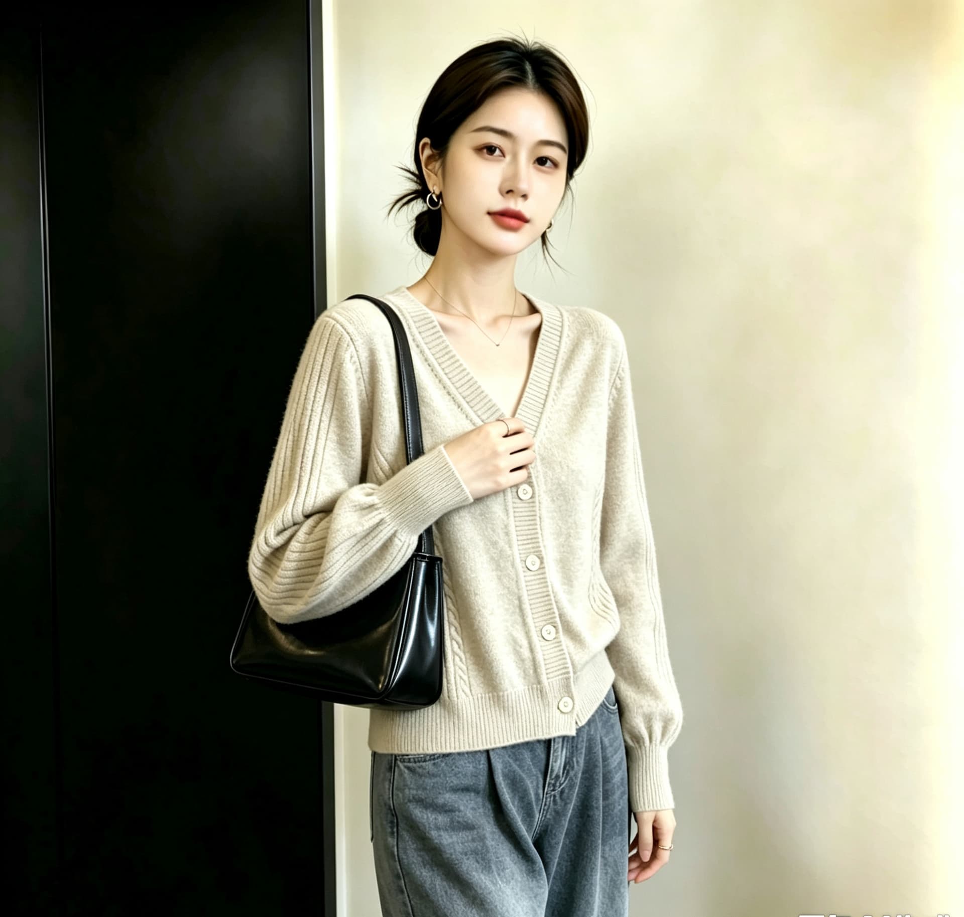 실사 빅 사이즈 여성 의류 미니멀리즘 레트로 V넥 싱글 줄 버튼 오픈 가디건 허리 수축 슬림해 보이는 가을 새로운 보온 스웨터 상세 이미지 12