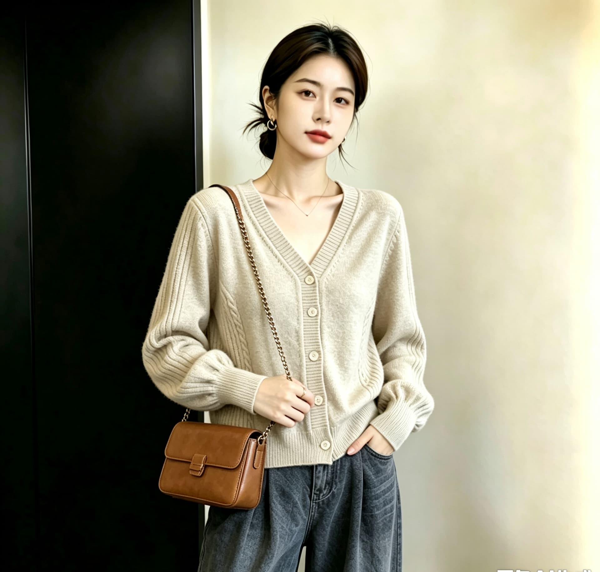 실사 빅 사이즈 여성 의류 미니멀리즘 레트로 V넥 싱글 줄 버튼 오픈 가디건 허리 수축 슬림해 보이는 가을 새로운 보온 스웨터 상세 이미지 13